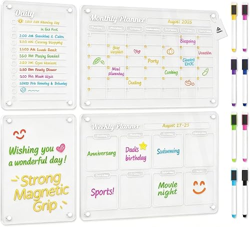 Magnetic Planners Fridge Weekly Planner, 4 Pcs Acrylic Boards | Clear Acrylic Monthly, Daily And Magnetic Fridge Shopping List Boards With 8 Colour Markers For Home Planning