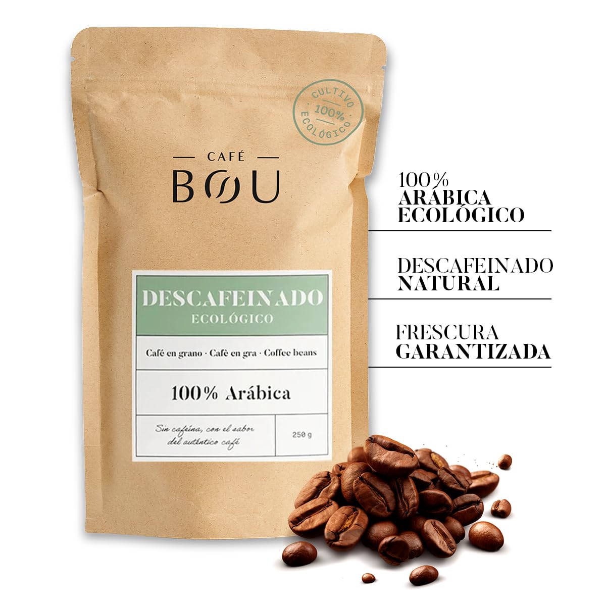 Café BOU | Café en Grano Descafeinado Ecológico Premium | 100% Arábica Ecológico Certificado | Descafeinado Natural con Agua | Cuerpo Medio | Pack 3×250 g