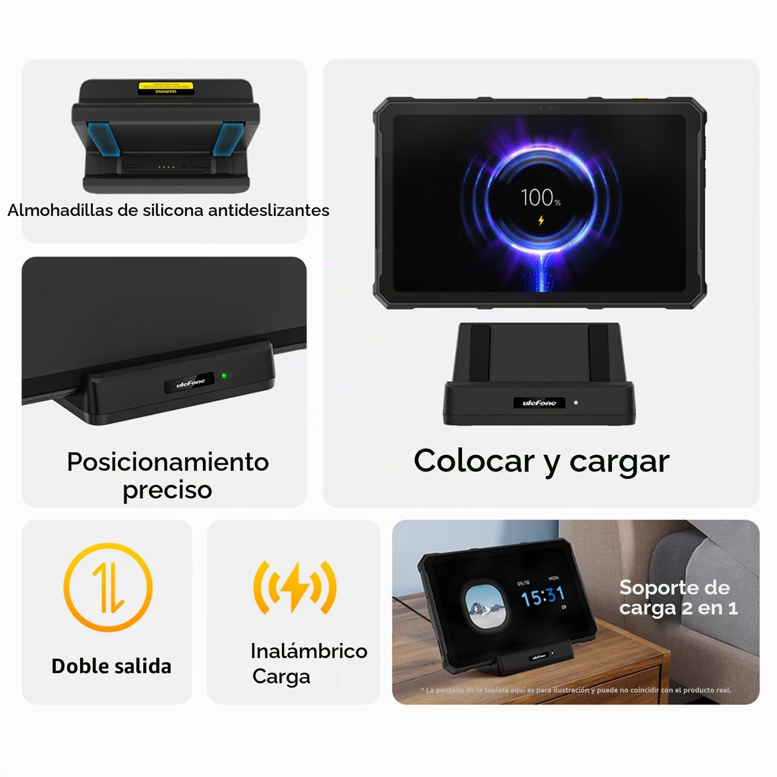 Ulefone Base de Carga Inalámbrica 10W, Soporte de Carga, Soporte 2 en 1 con Doble Salida, Cargador Dock con Pogo Pin, para Armor Pad 4 Series