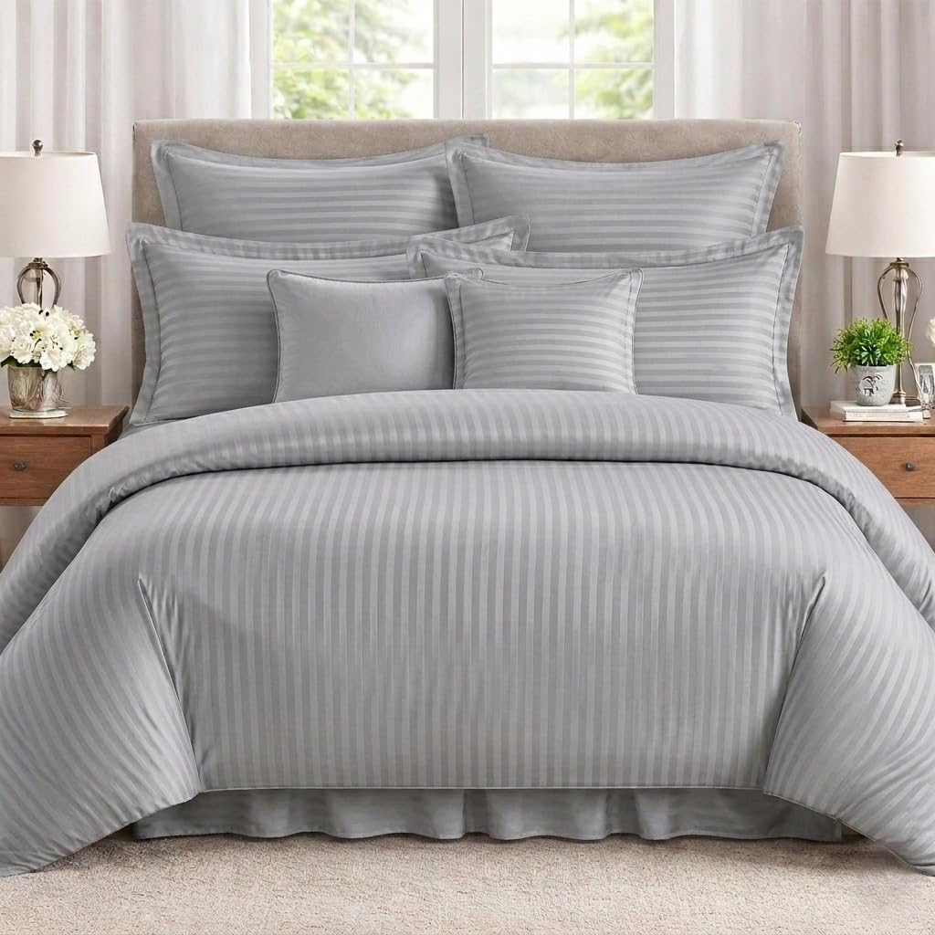 Satin Stripe, 100% Cotton, 300 Thread Count, Hotel and Luxury Home Style, 2 Piece (Light Grey, Single)-image-20