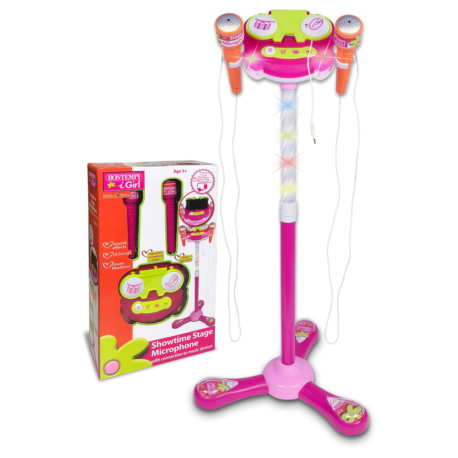 Bontempi | TwinStage Mic - Doppio Microfono da Palcoscenico con Connessione MP3 per Performance Strabilianti, Rosa, 360x360x890 mm