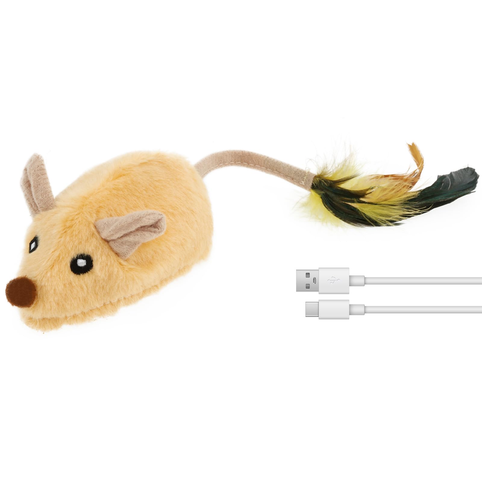 Interactive Cat Mouse Plaything, USB Rechargeable Moving Glowing Cat Toy Mouse with Feather Bell Tail and LED Light, Cute Electric Moving Kitten Toys for Indoor Cats Boredom (one yellow)
