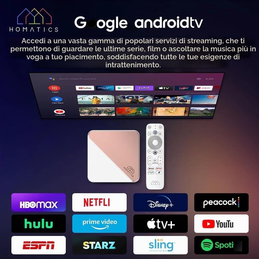 HOMATICS R Box R 4K Plus Android TV 11 Certificato | 4GB LPDDR4 RAM + 32GB eMMC ROM | Amlogic S905X4 Quad-Core | 4K HDR | Wi-Fi 6 | Ethernet Gigabit | G.Ogle TV | Controllo vocale
