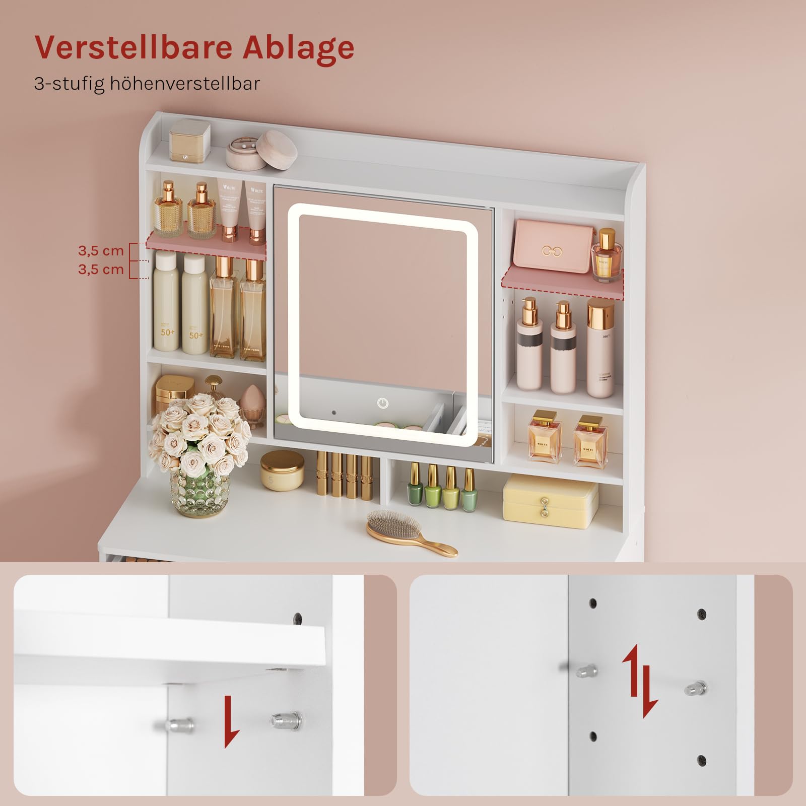 WOLTU Schminktisch mit Spiegel und Beleuchtung, 3 Lichtfarben, Frisiertisch mit offenen Ablagen & 2 Schubladen & 10 Haken hinter dem Spiegel, modern für Schlafzimmer, Weiß