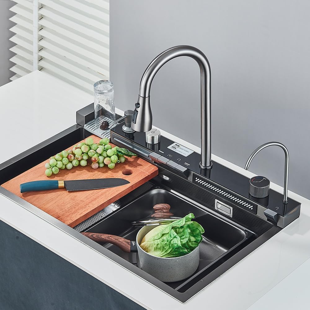 Top-down view of the vidugg Digital Display Waterfall Kitchen Sink installed in a kitchen island, showcasing its integrated features like the cutting board, movable basin, and faucet.