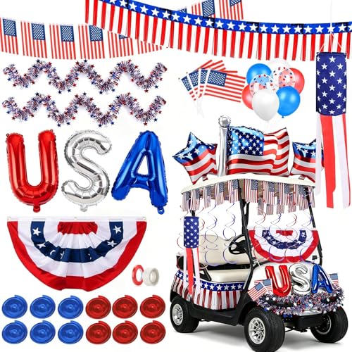 LAIAMER 4th of July Golf Cart Decorations Kit,Patriotic Parade Golf Cart Decor,Patriotic Independence Day Decor -Red White Blue Tinsel Garlands, Pleated Fan Flag, Paper Fans, Balloons by LAIAMER - Used condition - US$21.19