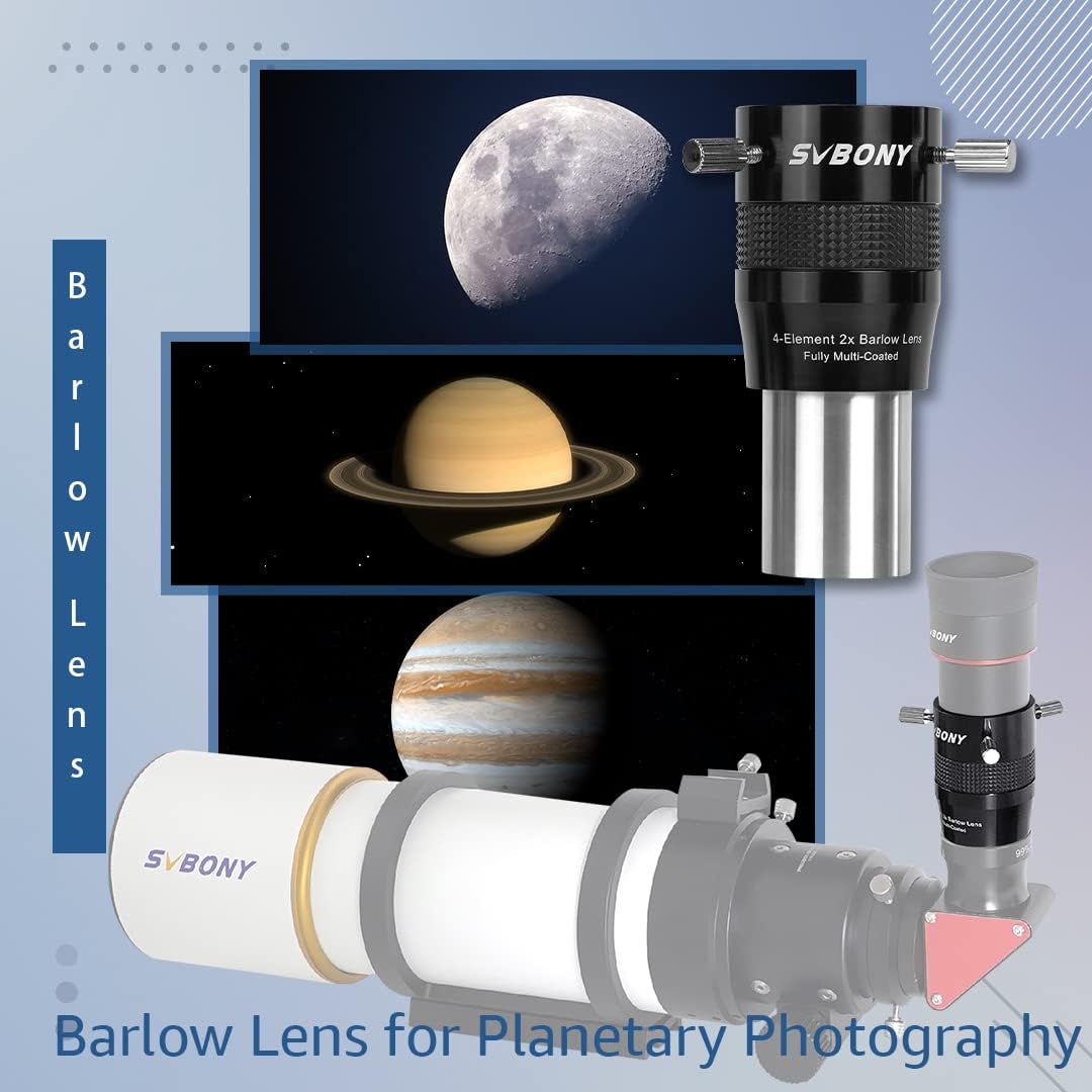 SVBONY SV216 2X Barlow Lens, 1.25inch FMC 4-Elements APO Apochromatic Barlow, Double Magnification Telescope Accessories for Planetary Visual and Photography