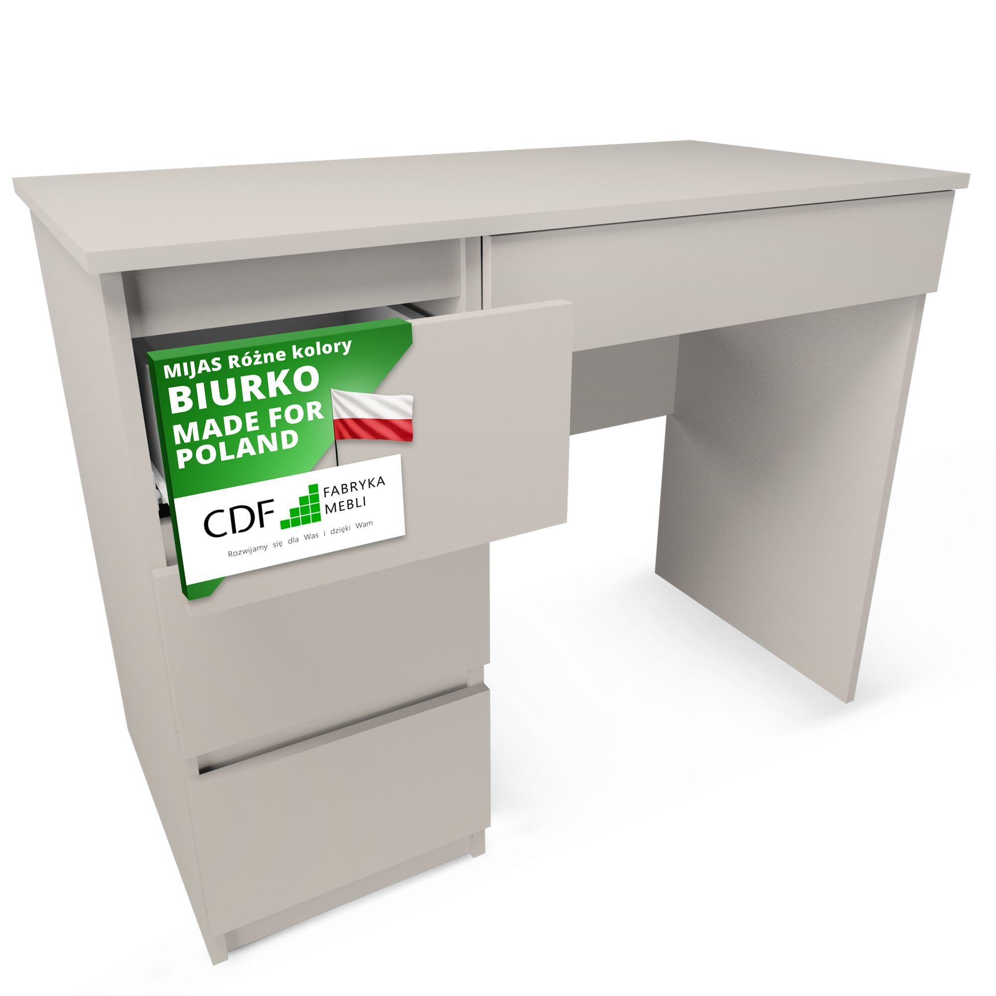 CDF Biurko z 4 Szufladami Małe Komputerowe Dziecięce Nowoczesny Stół Biurowy do Home Office Gabinetu Biura Nauki - dla Dzieci Studentów Dorosłych Mebel Kompaktowy do Organizacji – Glina Szary