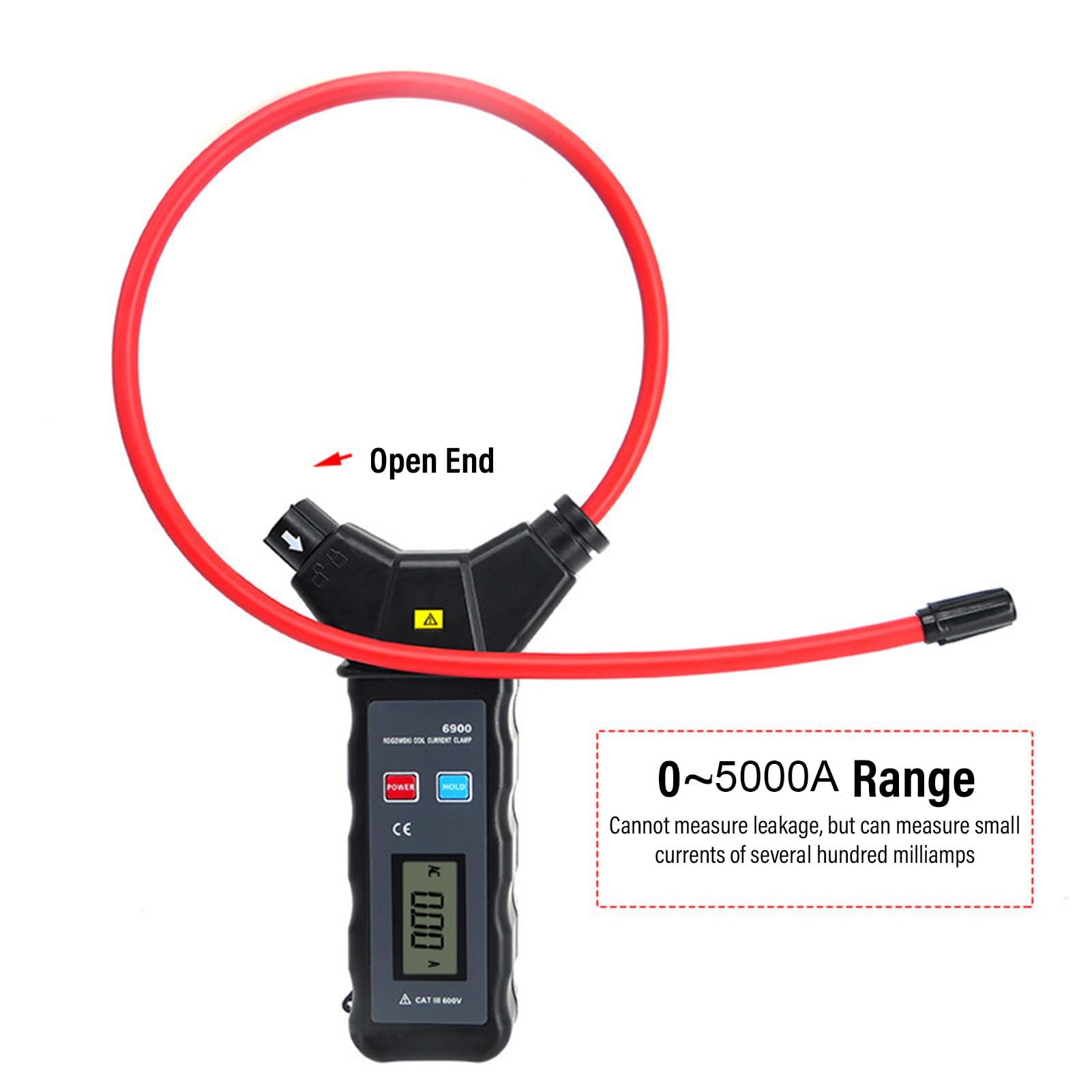 Pinza Amperimétrica Flexible Digital, Medidor de Amperios CA 0-5000 A 0-6000 V, Pinza Amperimétrica de Corriente de Fuga con Pantalla LCD Retroiluminada y Bobina Flexible, Ideal para