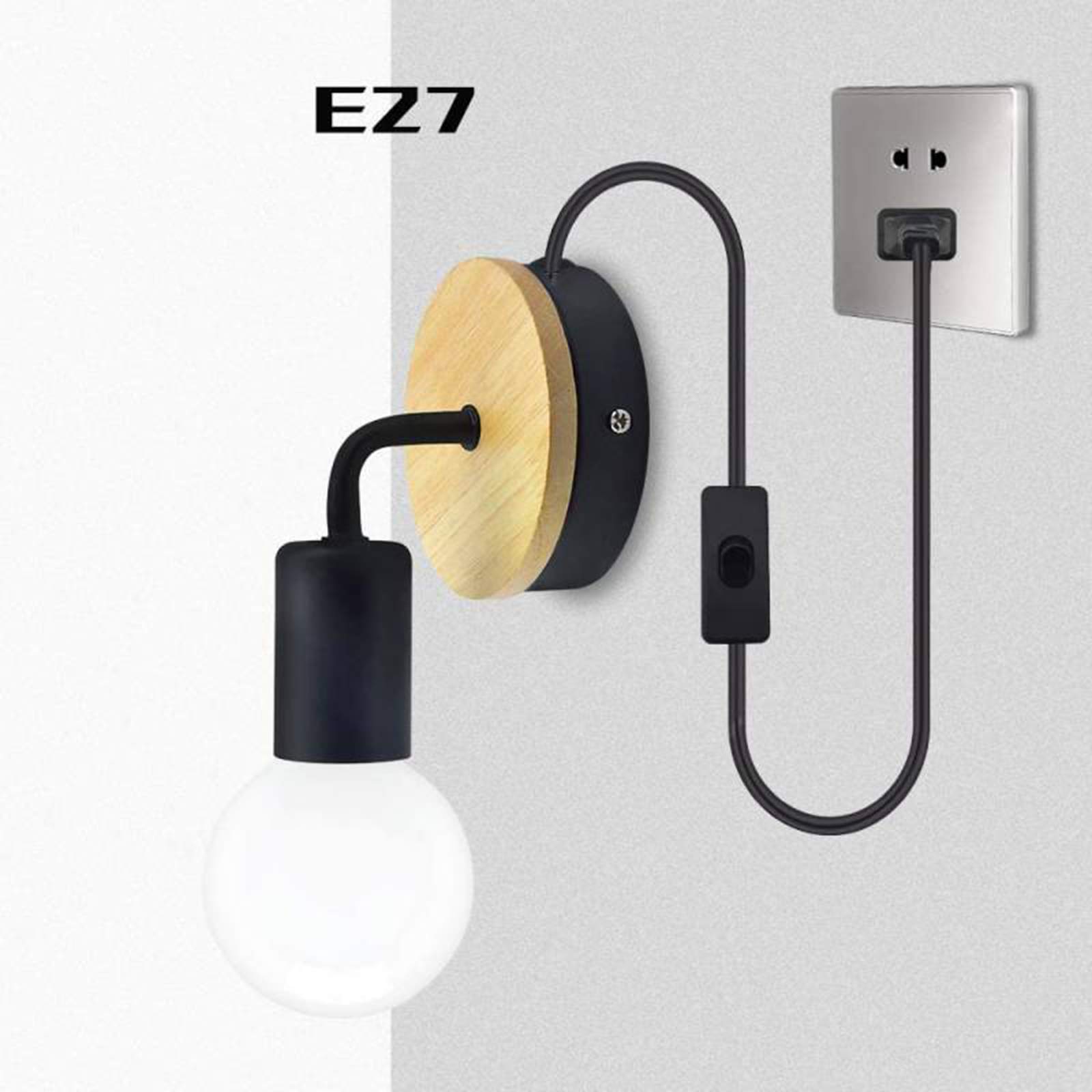 Lampy Ścienne Vintage Do Wnętrz Z Drewna Z Przełącznikiem, Retro Lampki Nocne Do Sypialni Z Wtyczką, Lampa Ścienna Do Salonu Rustykalna Z Gniazdem E27, Przenośne Kinkiety Ścienne Do Korytarza, Oświet