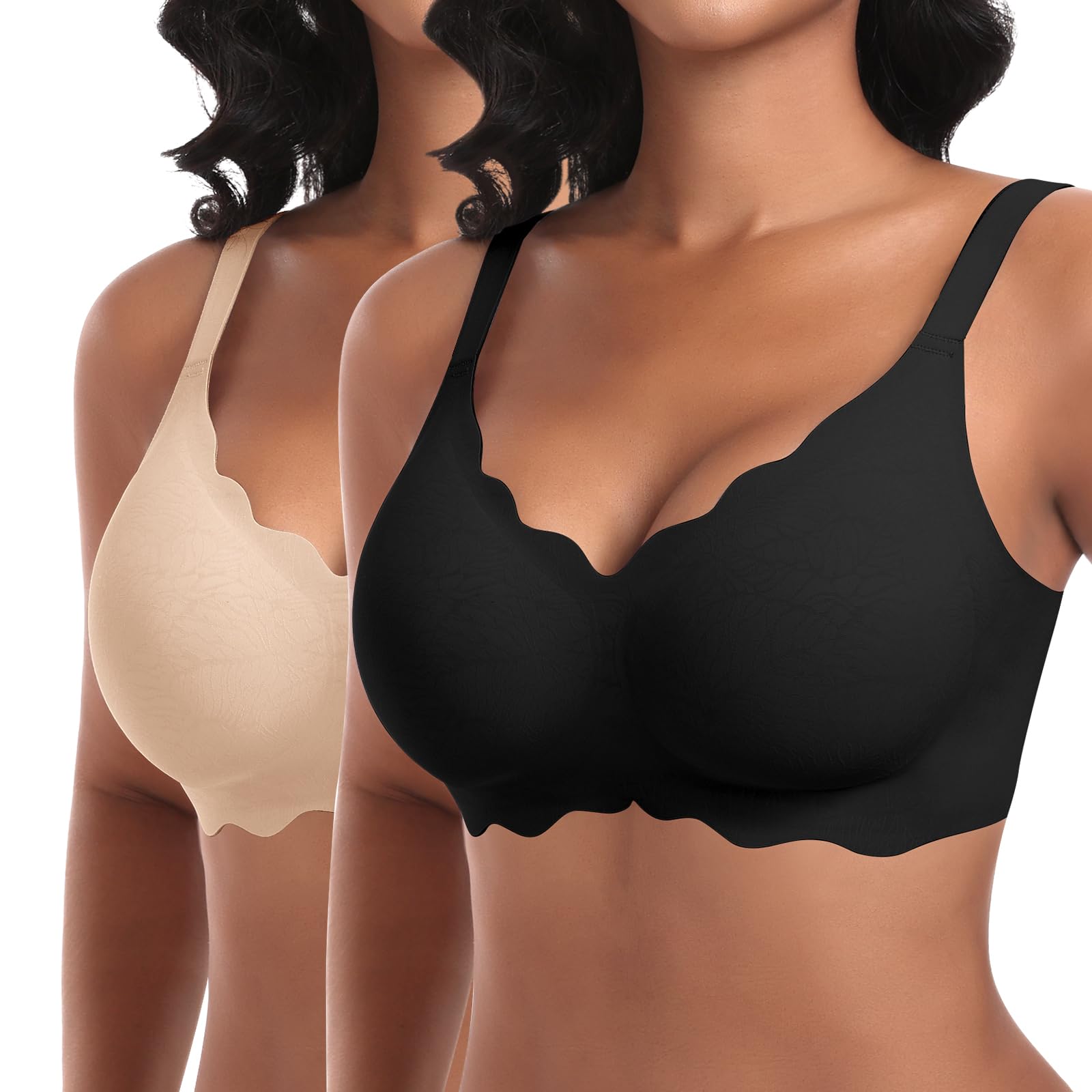 Ganado Damen Nahtloser BH Ohne Bügel Tiefem V-Ausschnitt gewellte Ränder Push Up BH Bralette Soft Bequem BHS Bügellos Bustier (Schwarz+Beige-Doppel Vorderwelle, S)