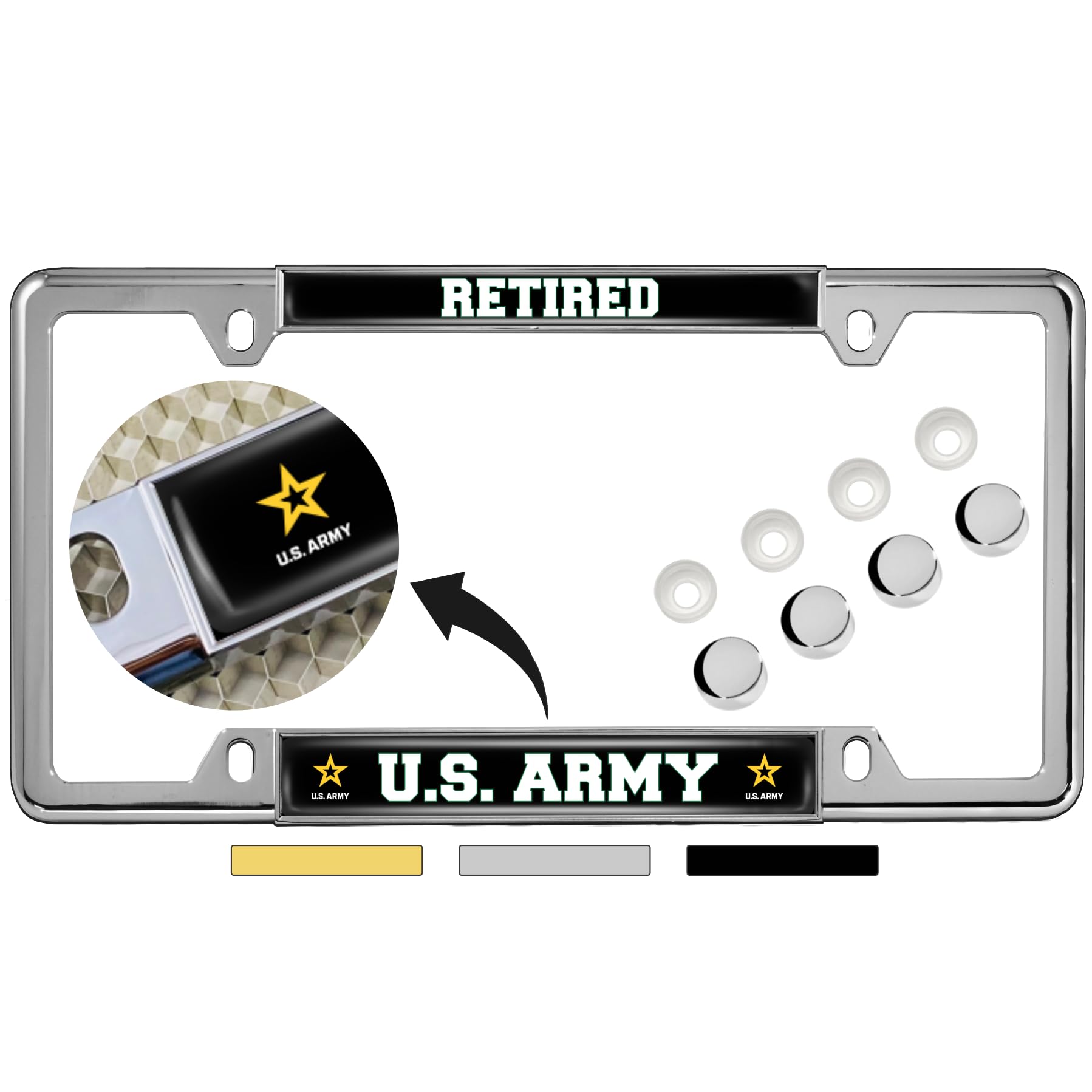 [Officially Licensed Product] - Retired U.S. Army with Star Logo - Domed Custom-Made Personalized Narrow (Thin) Top 4 Hole Metal Car License Plate Frame with Free caps - Chrome (Quantity: 1 Frame)