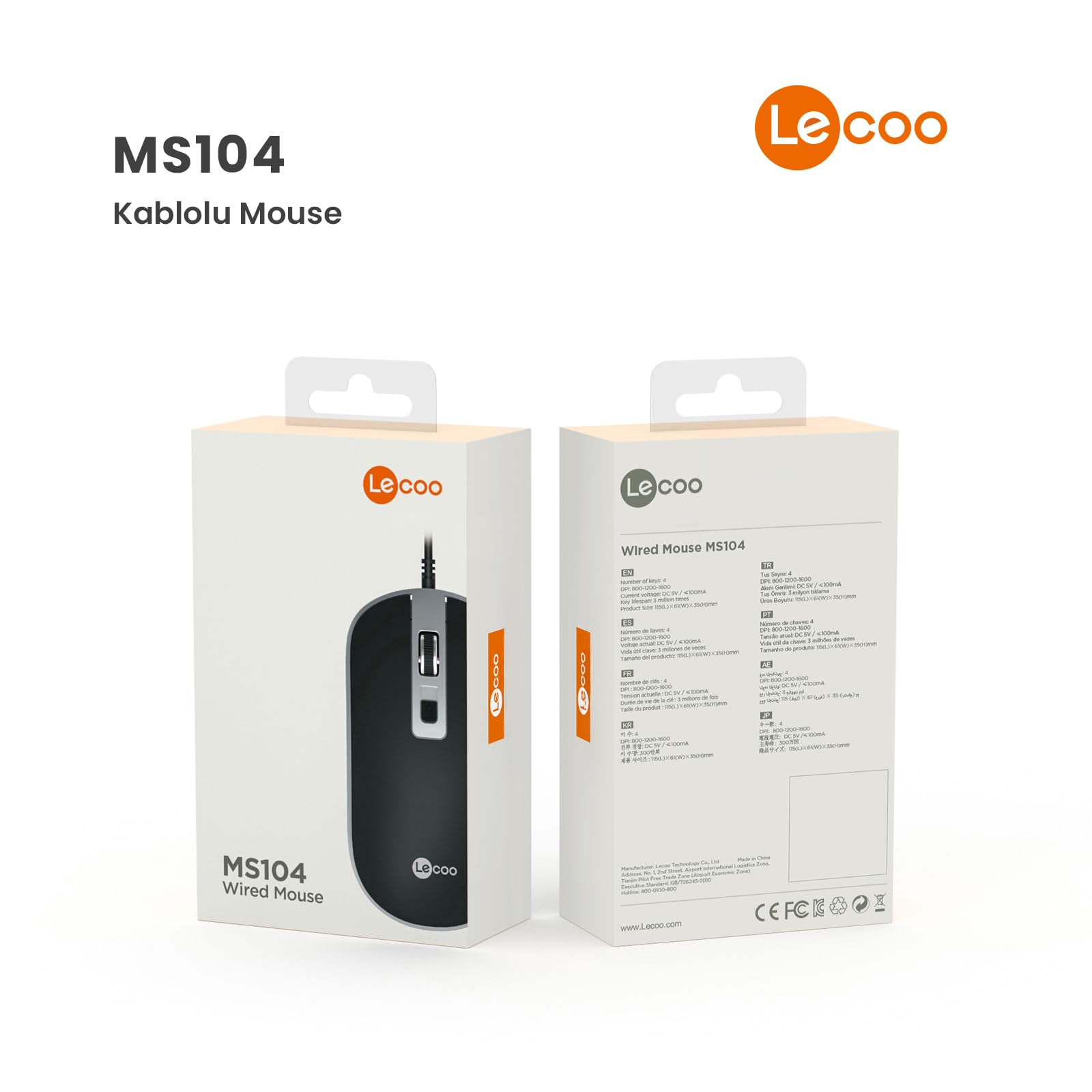 lecoo Ratón USB MS104 Negro Ambidiestro Plug and Play 1600 DPI Cable Ajustable 140 Cm Sensor Óptico