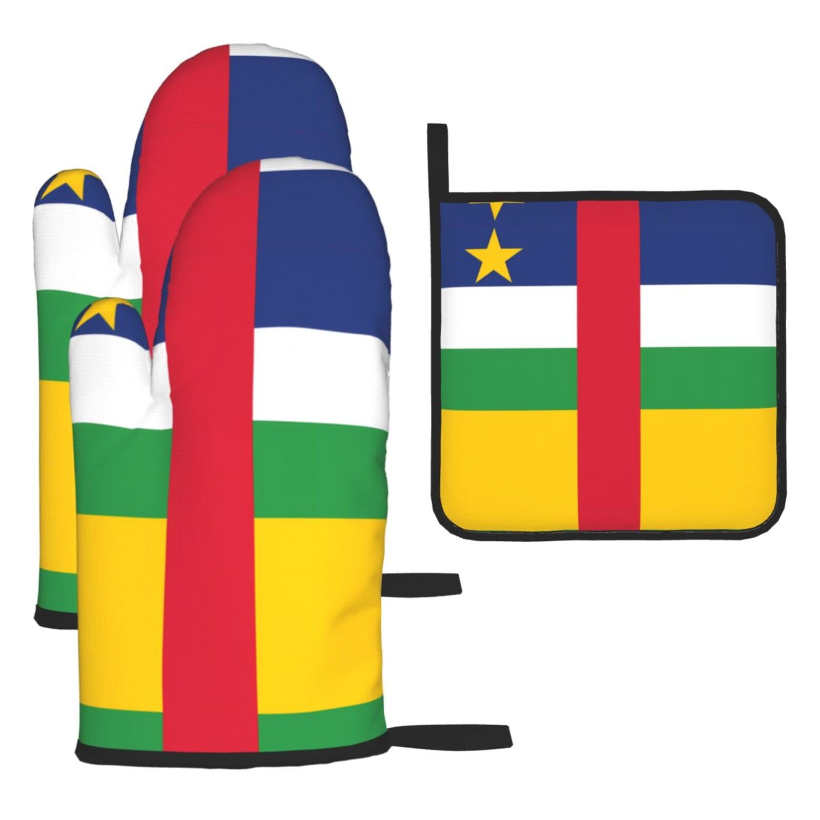 Central African flag Oven mittens and oven mitts three-piece set suitable for oven, grilling, baking, microwave and home cooking.