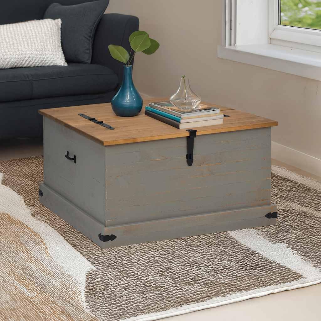Baúl HALDEN gris 91 x 91 x 47 cm, madera maciza de pino, doble cofre con asas de metal, baúl de almacenamiento con mucho espacio para ropa y decoración, también utilizable como mesa de café