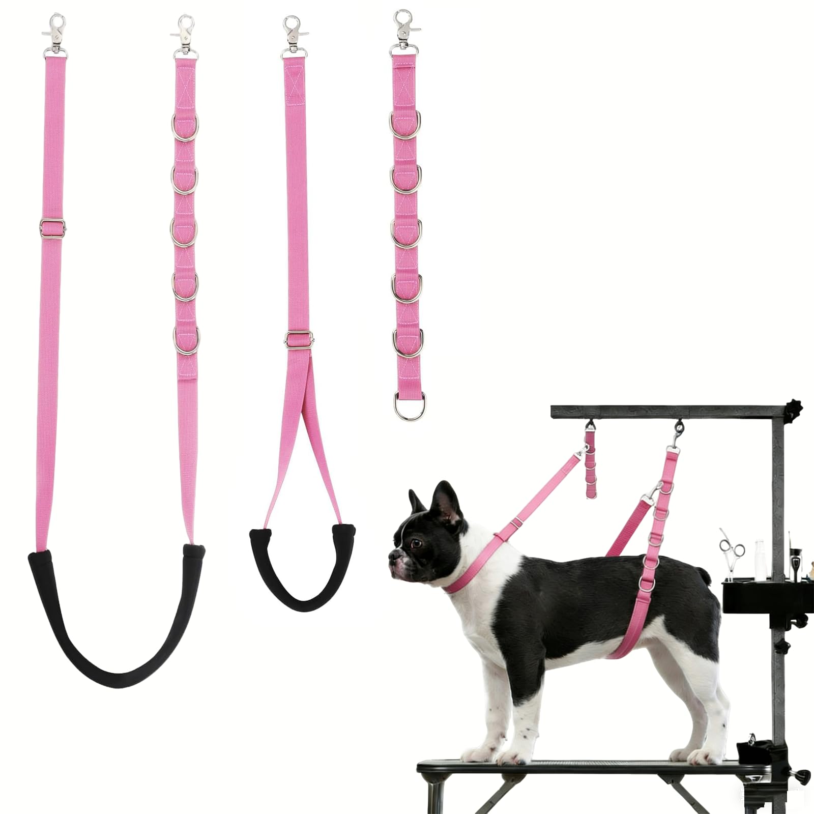 3PCS Dog Grooming Harness Strap, Adjustable Dog Grooming Loop Restraint Belly Strap, Bathing Restraint Loop Noose, Neck and Belly Holder for Table Arm Grooming (Pink)