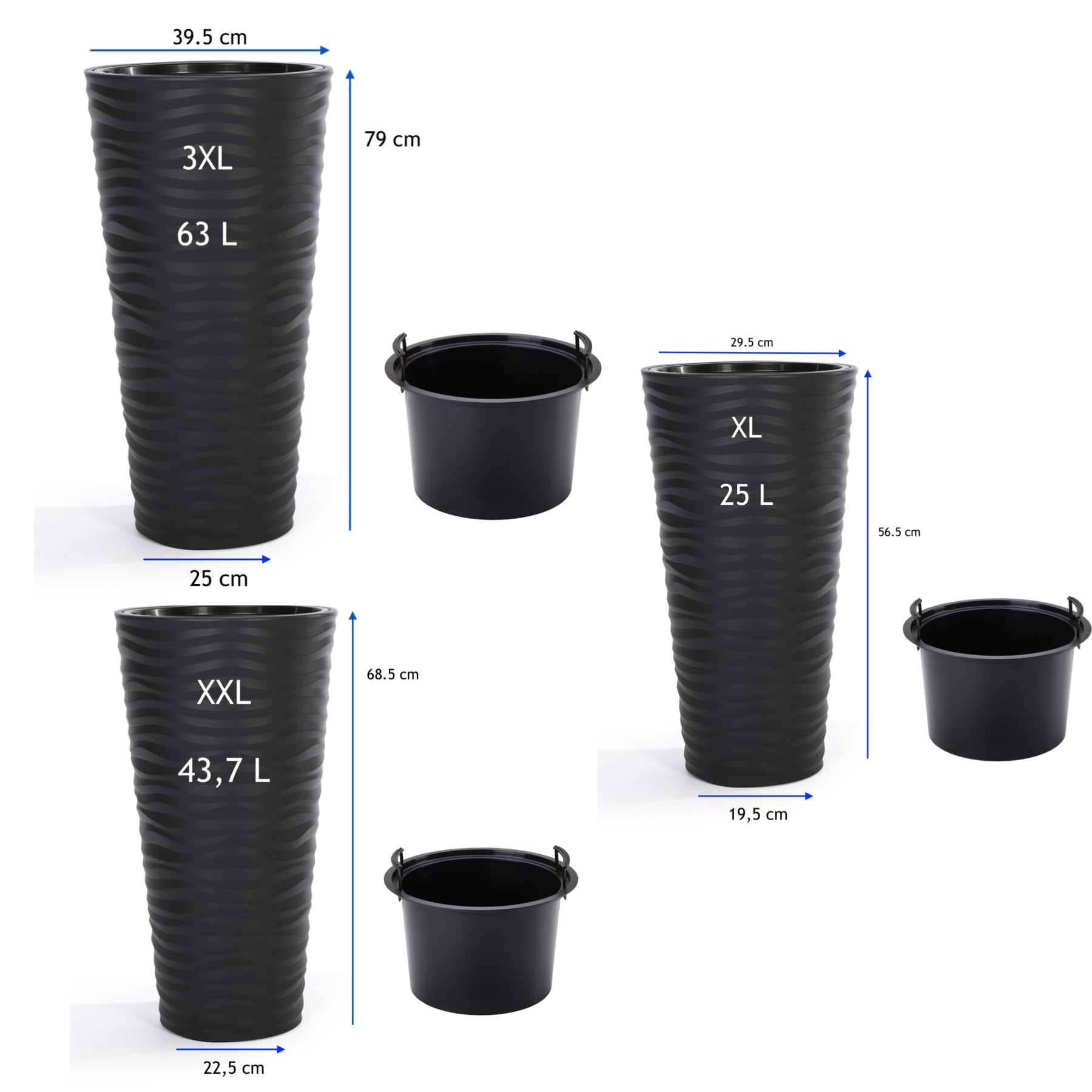 MELTOM Doniczka na kwiaty, z falą, okrągła wkładka, efekt 3D, zestaw 3: XL XXL 3XL (czarna)