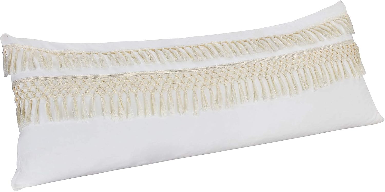 Sweet JoJo Designs Boho Bohemian Macrame Tassel Ivory Accent Decorative Couch Long Throw Zipper Body Pillow Cover case 54x20 Off White Beige Cotton Fringe Farmhouse Textured Rustic Tufted Room Decor