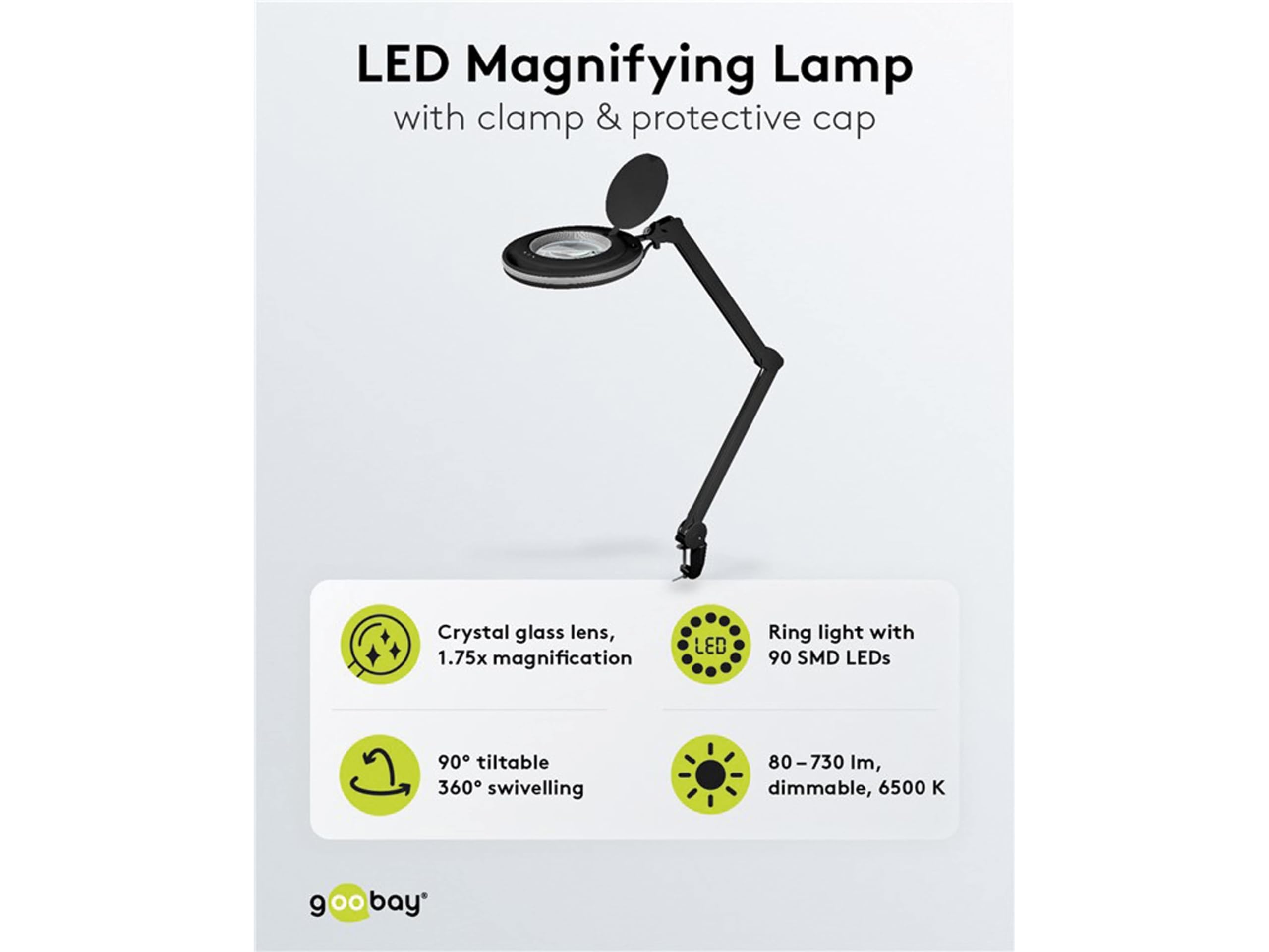 goobay 64988 Lámpara aumento LED 9W 730lm/ pinza/lente cristal 127mm 1,75 aumentos lupa trabajo cosmética, soldadura, manualidades, leer/brazo articulado/lámpara sobremesa