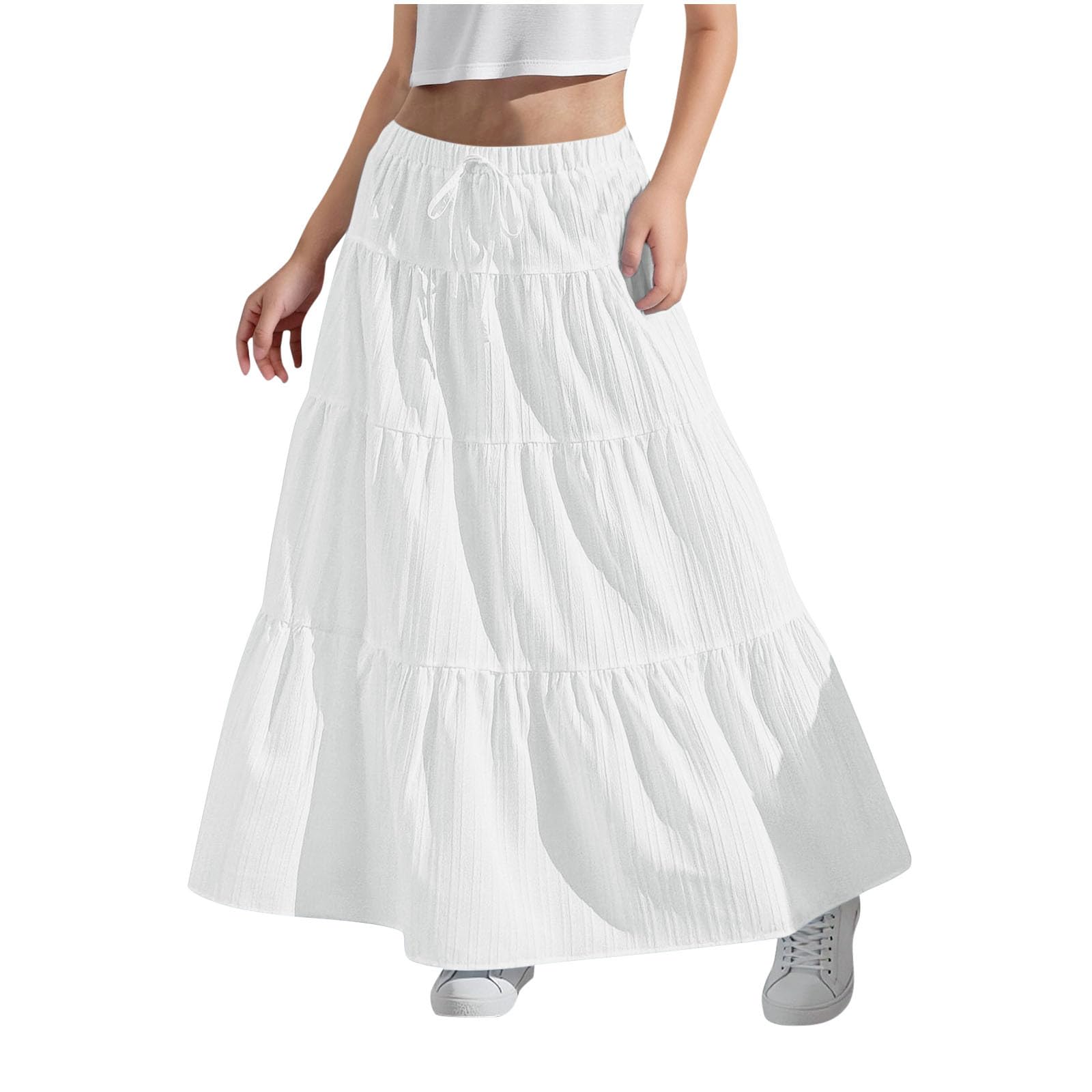 Girls Maxi Skirt Boho Casual Tiered High Waist A Line Flowy Long Skirt Kids Summer Swing Ankle Length Drawstring Skirts
