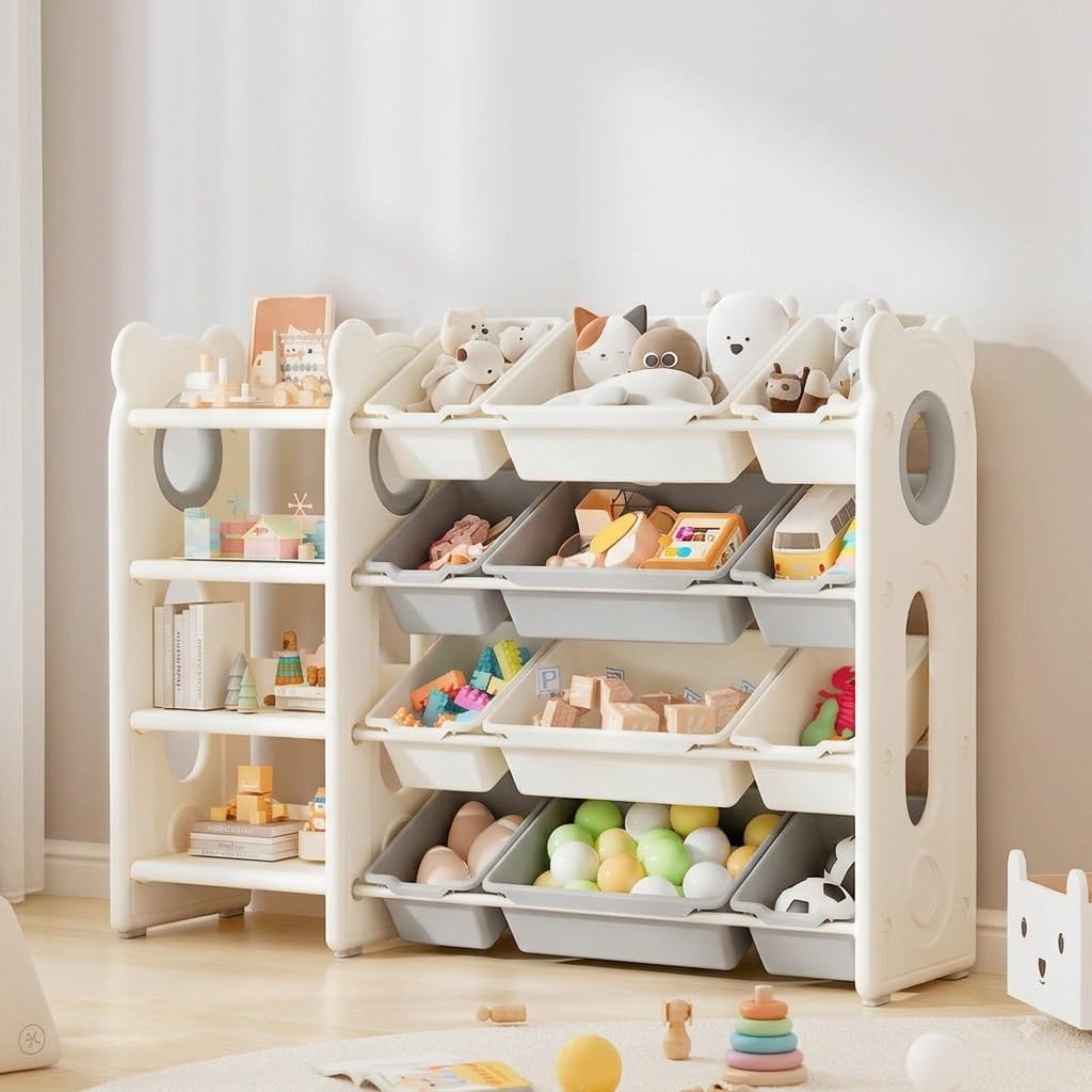 2-in-1 48" Kids Toy Organizers and Storage Shelf with 12 Boxes