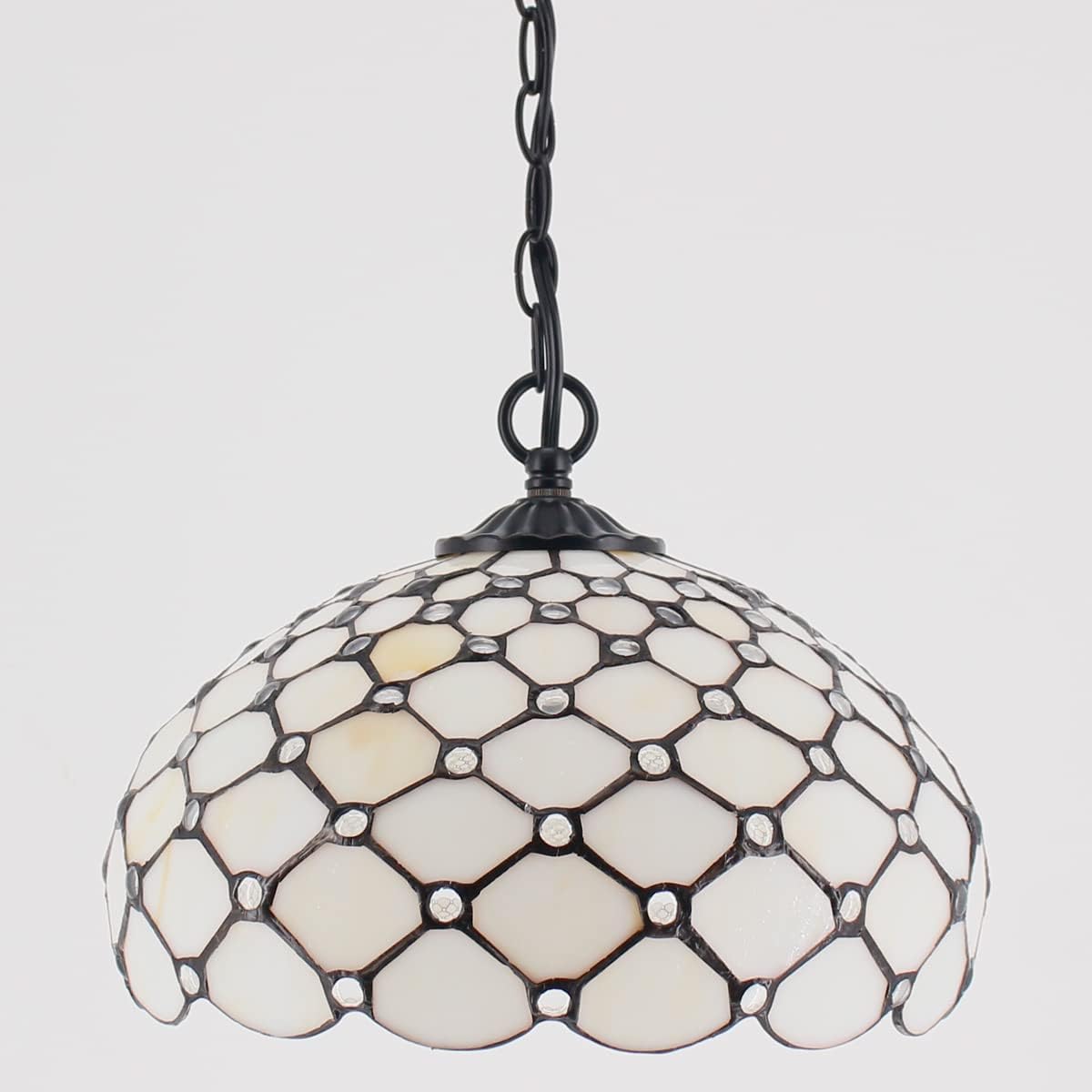 WERFACTORY Tiffany Pendant Light Plug in Cream Amber Bead Stained Glass 12 Inch Hanging Lamp Decor Island Kitchen Bar Hallway Dining Bedroom Entryway Home Office S005 Series