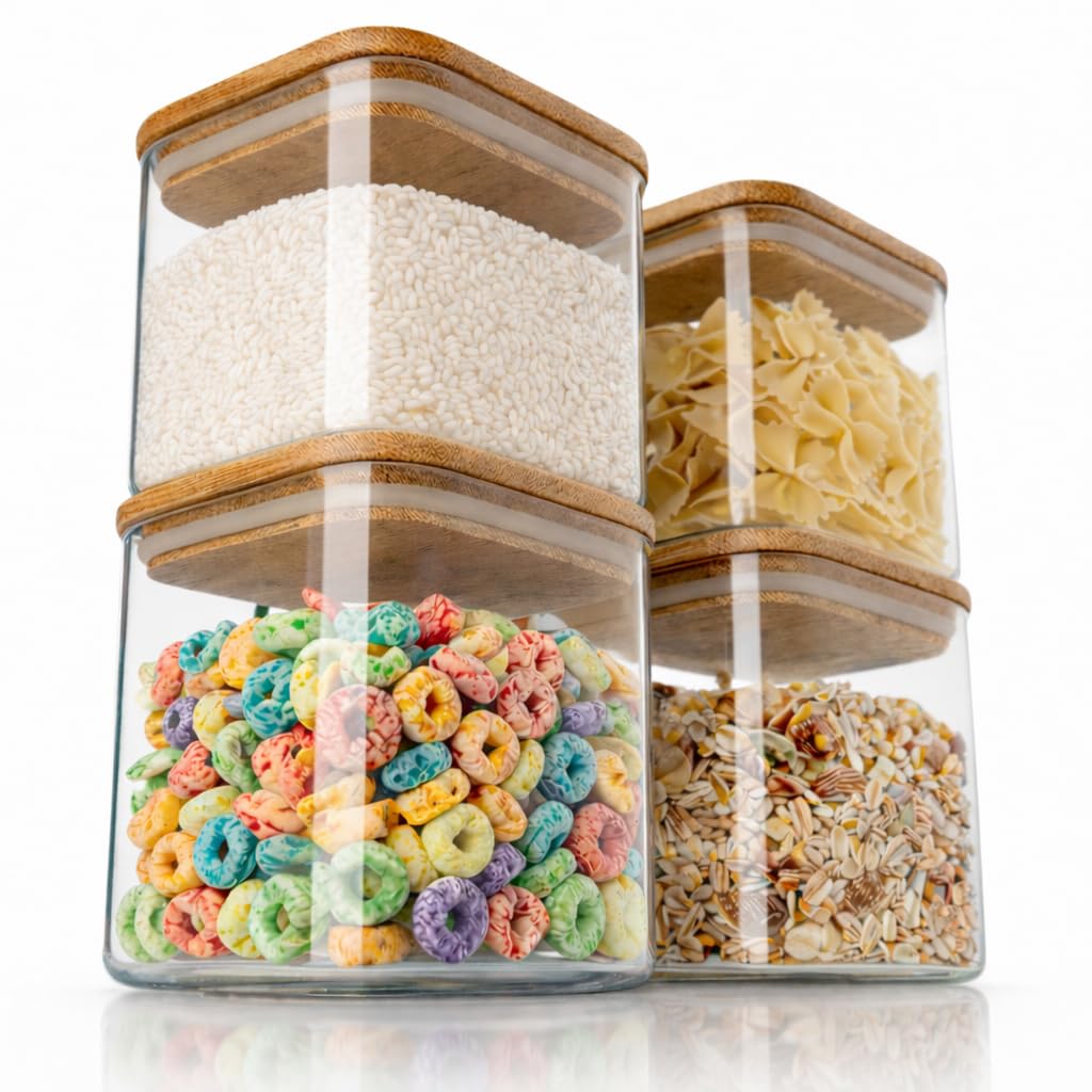 Arendo - Vorratsgläser mit Deckel - Set - Behälter aus Glas – hitzebeständig – Vorratsdosen mit Bambusdeckel - luftdicht - für Müsli Zucker Mehl Kaffee Reis