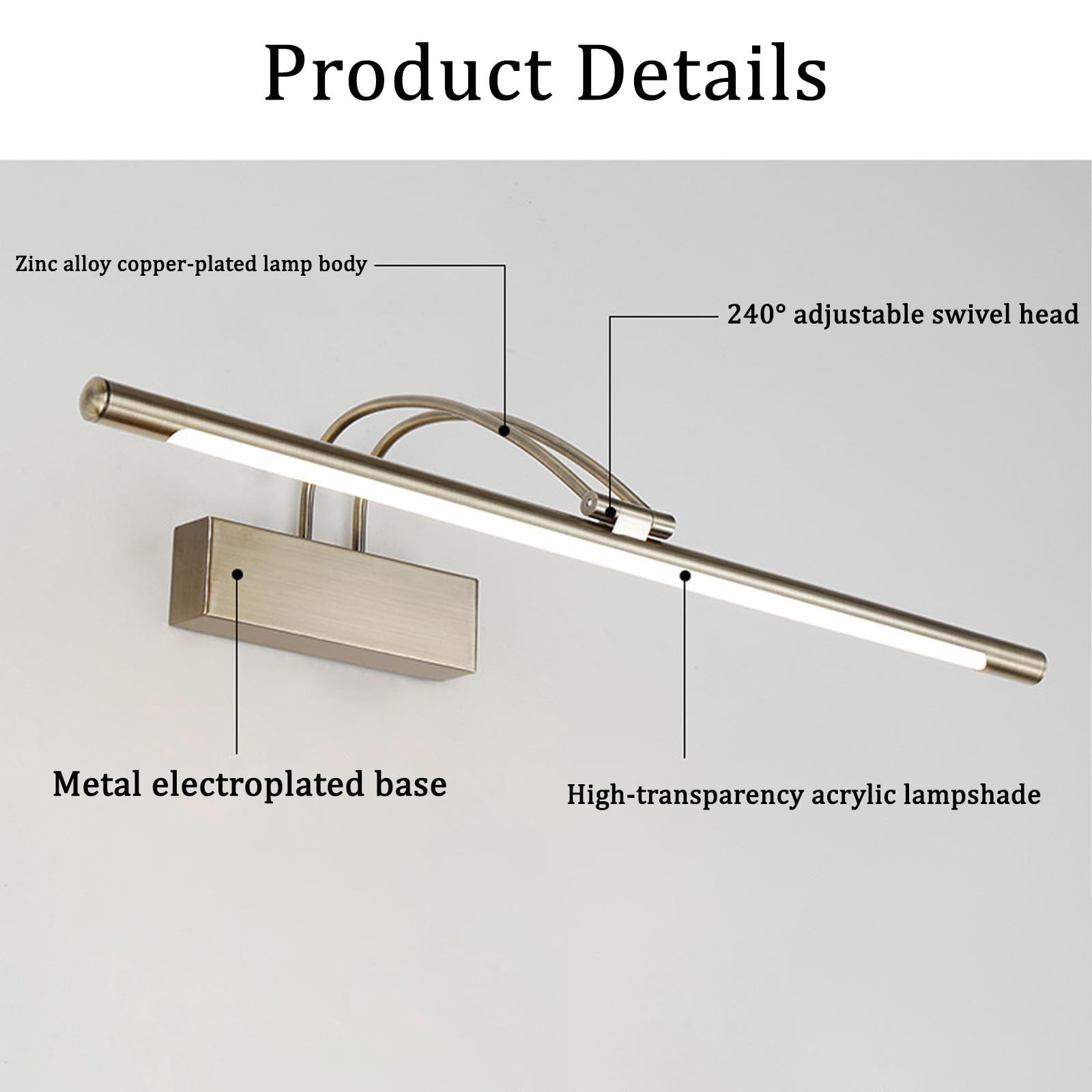 LED Spiegelleuchte Bad Wandleuchten mit 240° Schwenkbarem Faltbar Lampenkopf Wandbeleuchtung Modern Wasserdicht Wandleuchte für Wohnzimmer Badezimmer Schlafzimmer (Bronze Natürliches Licht,81cm)