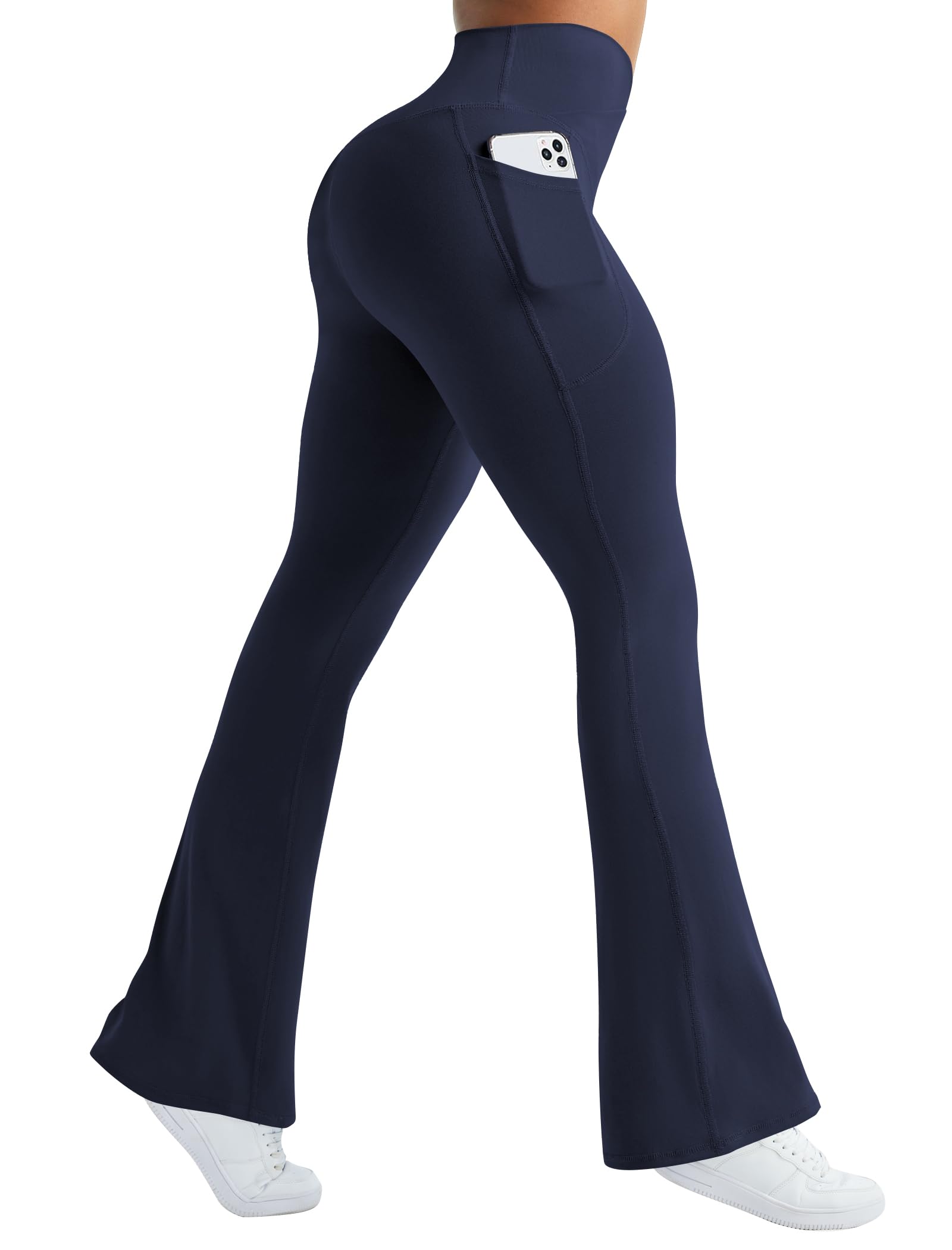 AB-Eleven Womens Flare Yoga Pants with Pockets Crossover Flared Leggings Bootcut Bell Bottom No Front Seam: Navy Medium