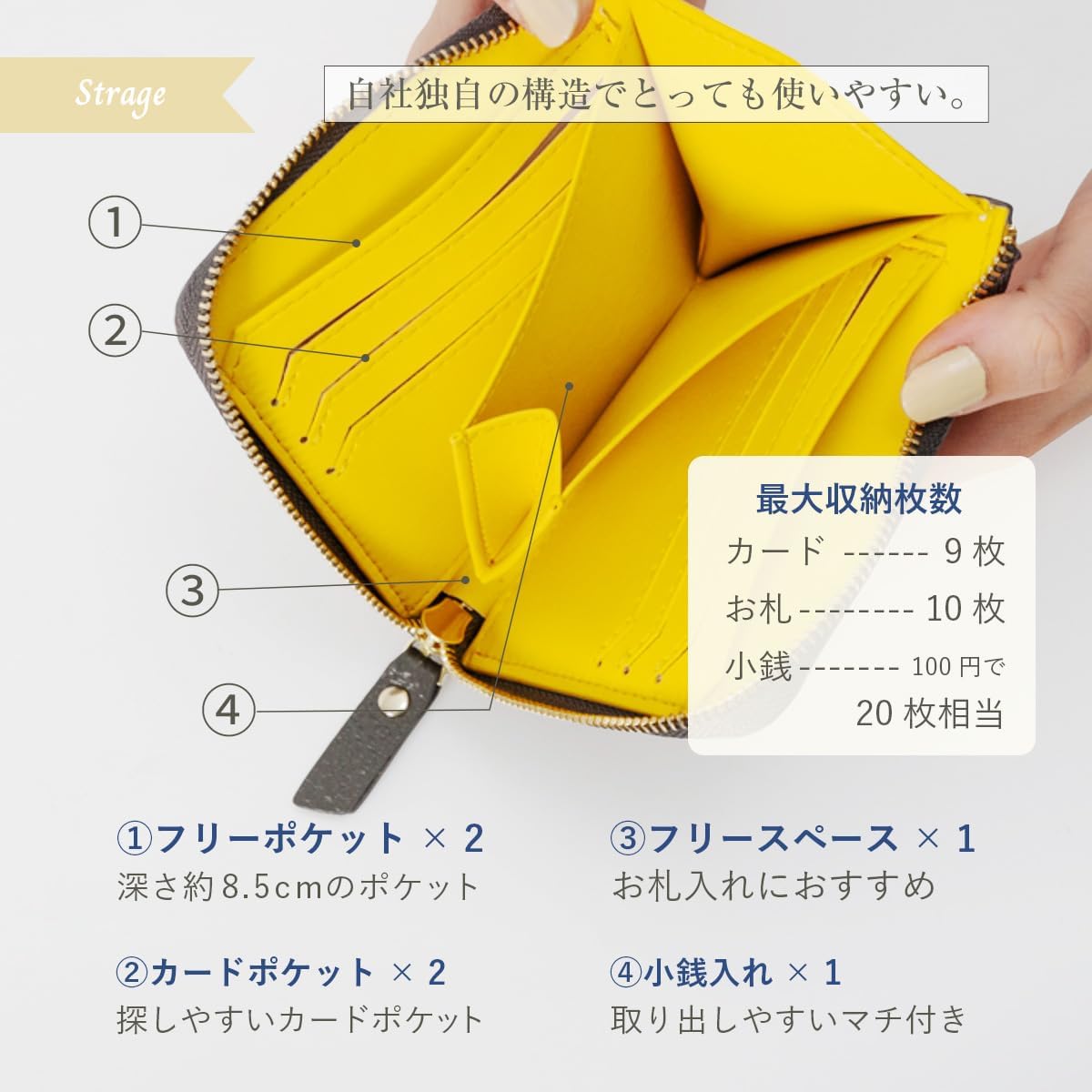 [RafiCaro] ミニ財布 レディース お札が折れない 大容量 カード入れ 小銭入れ 小さい 財布 L字ファスナー 薄型 コンパクト グレー/イエロー