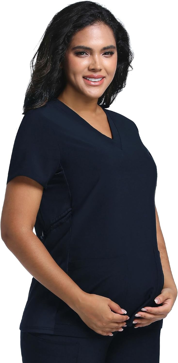 Maternity Scrub Top - V-Neck Shirt, Workwear Pregnancy Scrubs with 2 Pockets, Adjustable Side Panels