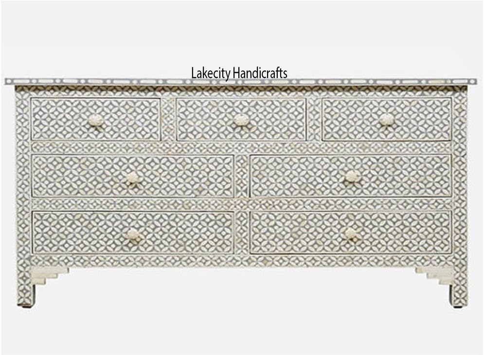 Lakecity Handcrafts Bone Inlay Chest of 7 Drawers in White Color
