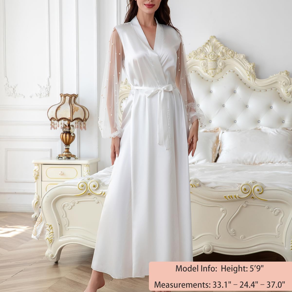 Women Long Sleeve Bridal Robes White Satin Bride Robe Nightwear Floor Length Dressing Gown