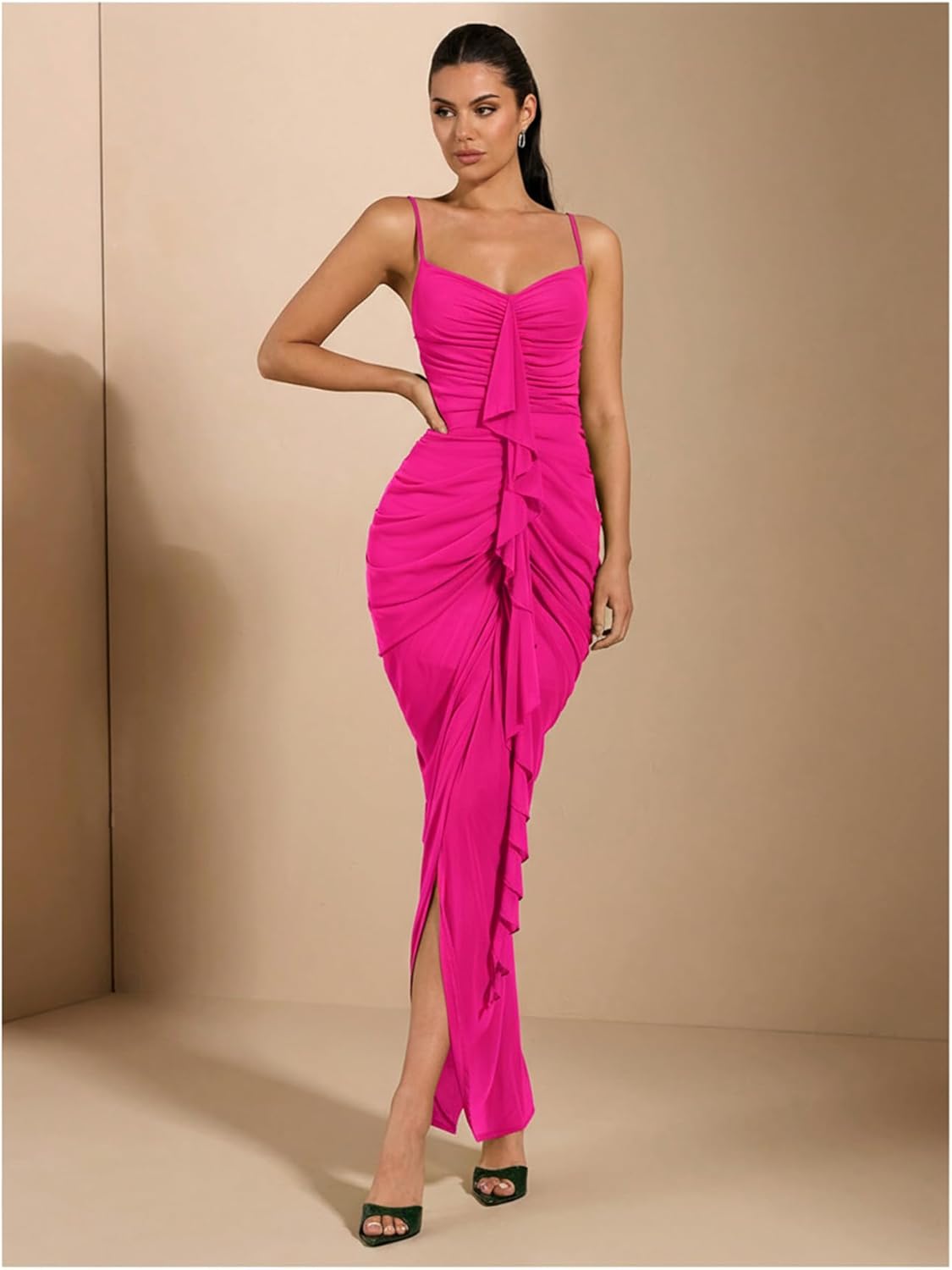 Floerns Women's Ruffle Ruched Cami Dress Draped Split Elegant Bodycon Maxi Dresses - Image 4