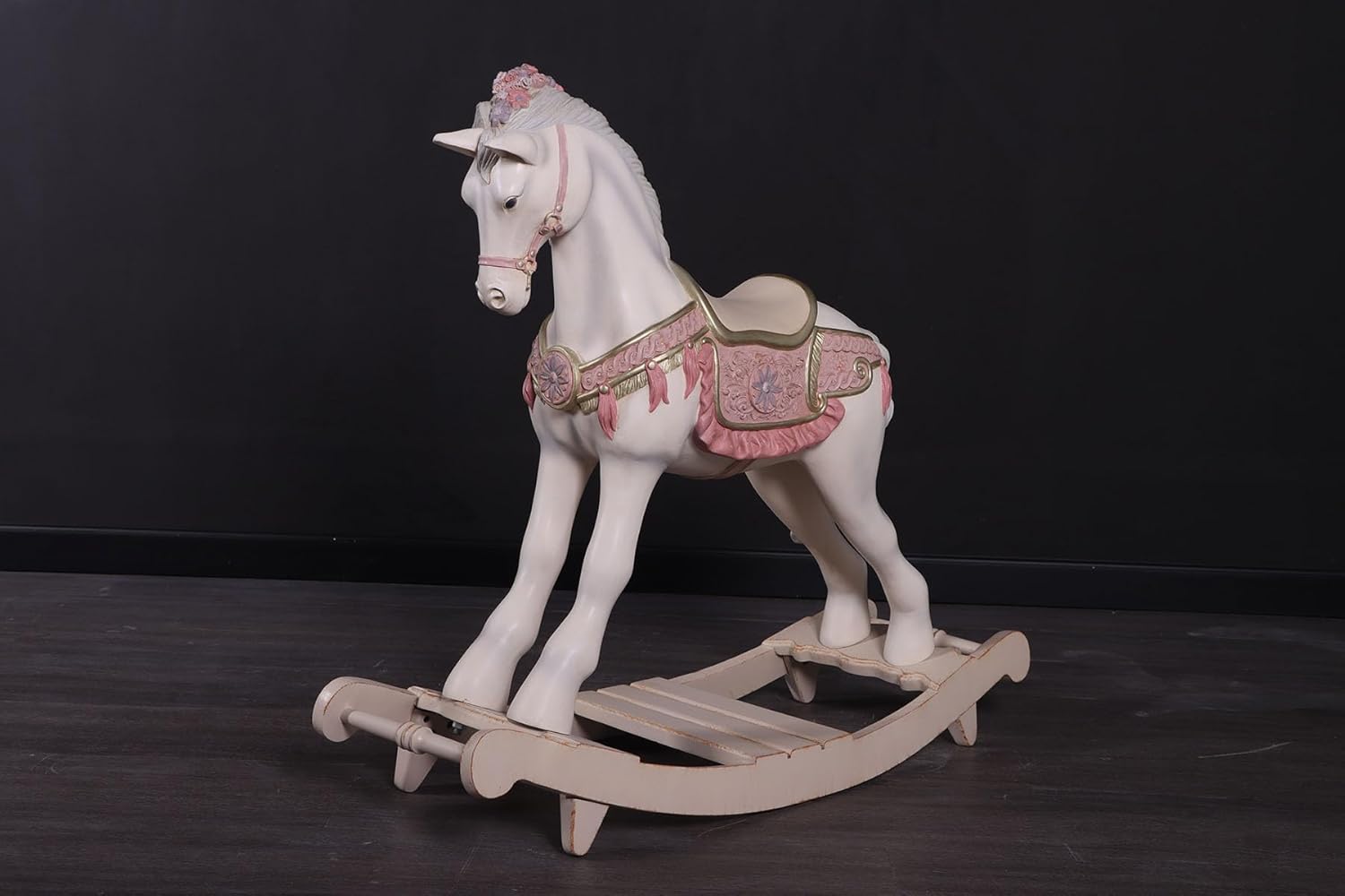 Decorative Rocking Horse, White with Pink Floral Accents, Resin and Wood, Fantasy Theme, 11 Pounds