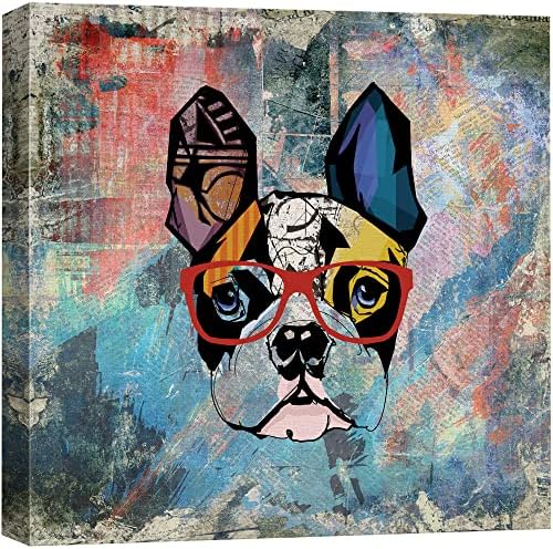 wall26 Square Dog Series Canvas Wall Art - Colorful Painting of a Dog with Glasses with Grunge Background - Giclee Print Gallery Wrap Modern Home Art Ready to Hang - 24x24 inches