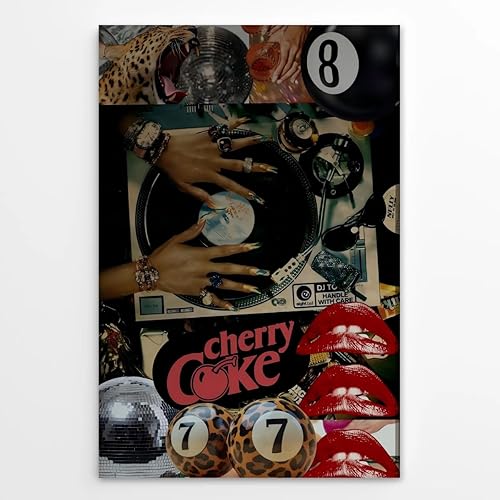 Arte de pared de mujer negra, póster de moda DJ Black Girl Art Poster Trendy Leopard Lucky 7 8 Ball Canvas Print Vintage Music Record Player Posters
