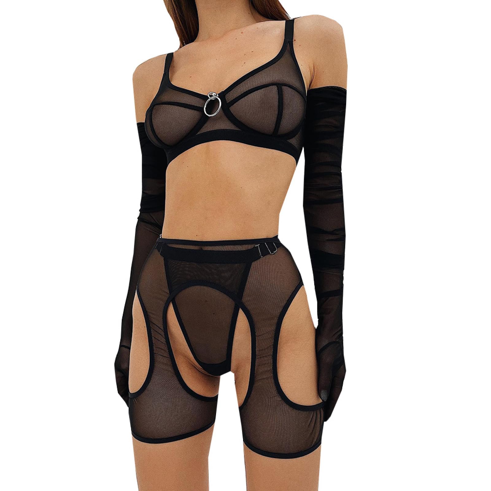MeshLencería erótica para Mujer con Forma a un Sexy Conjunto de Tirantes de Tres Piezas