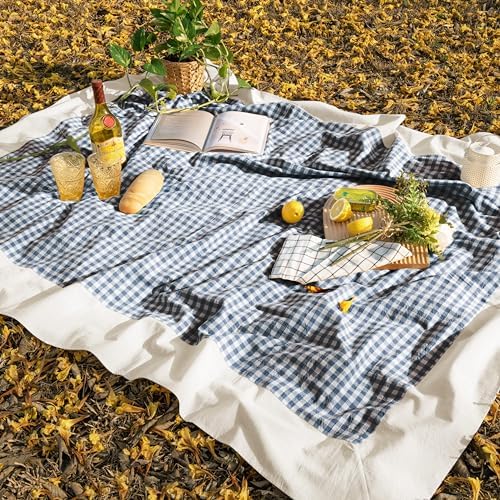 MONDAY MOOSE Gingham Checkered Farmhouse Rustic Picnic Style Decoration Rectangle Natural Stonewashed Cotton Tablecloth for Kitchen, Dining Room, Restaurant (55x70 inch, Blue/White) — view 6
