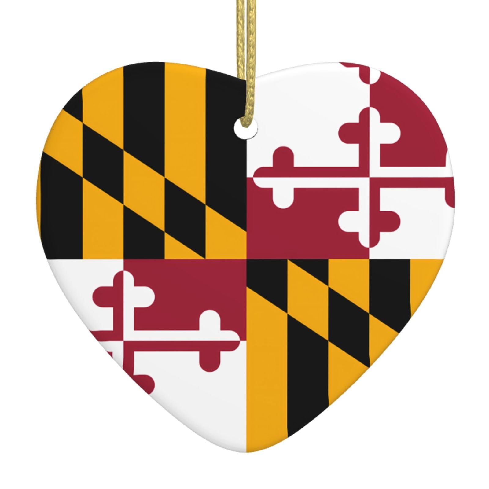 Maryland State Flag Ceramic Christmas Heart Pendant with Silk Thread, Christmas Tree Home Decoration