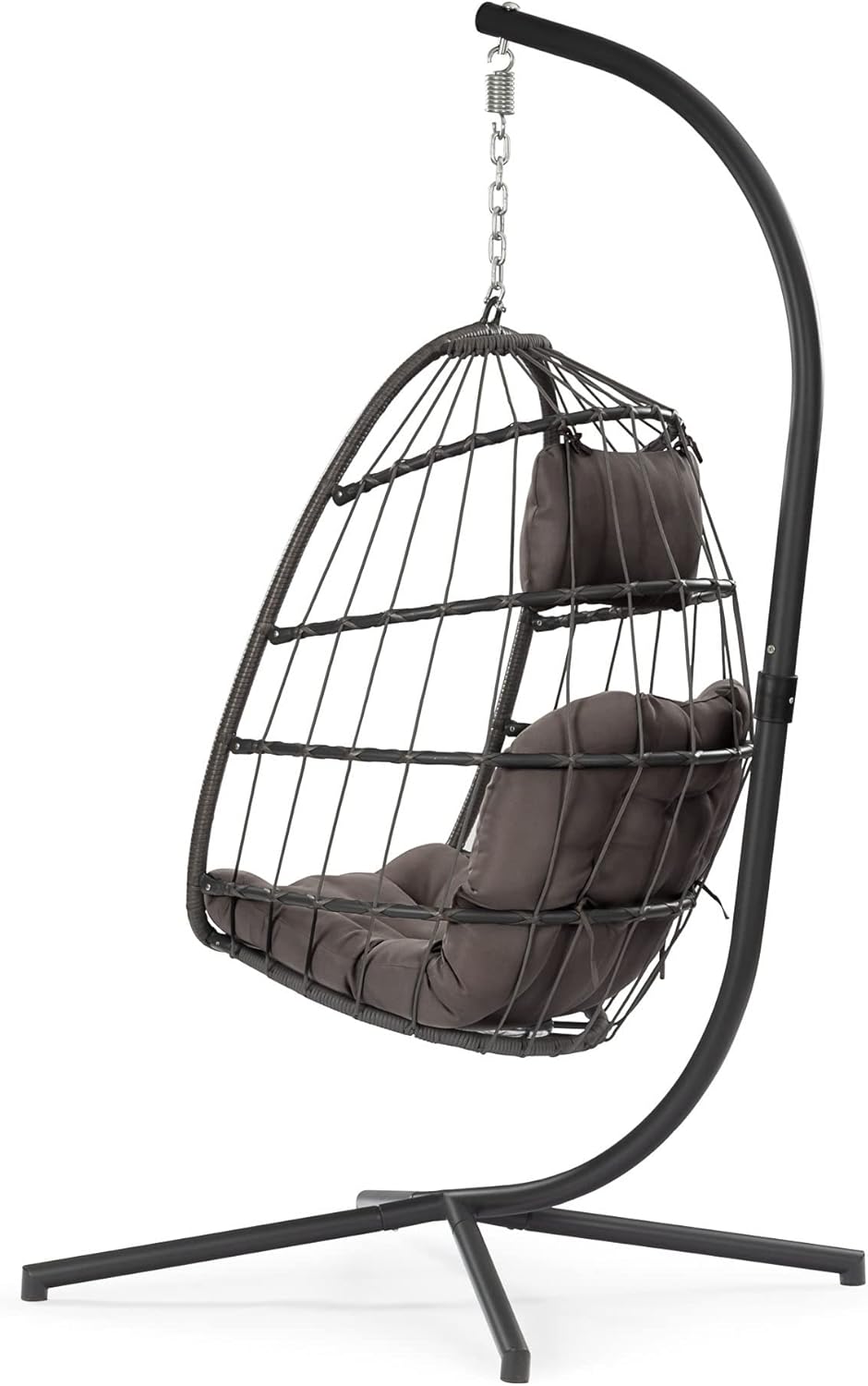Dark Gray Cushion Egg Chair with Stand – Outdoor Wicker Hanging Swing Chair Featuring Removable Guardrail & Cushions, Universal Indoor/Outdoor Leisure Basket for Balcony, Patio