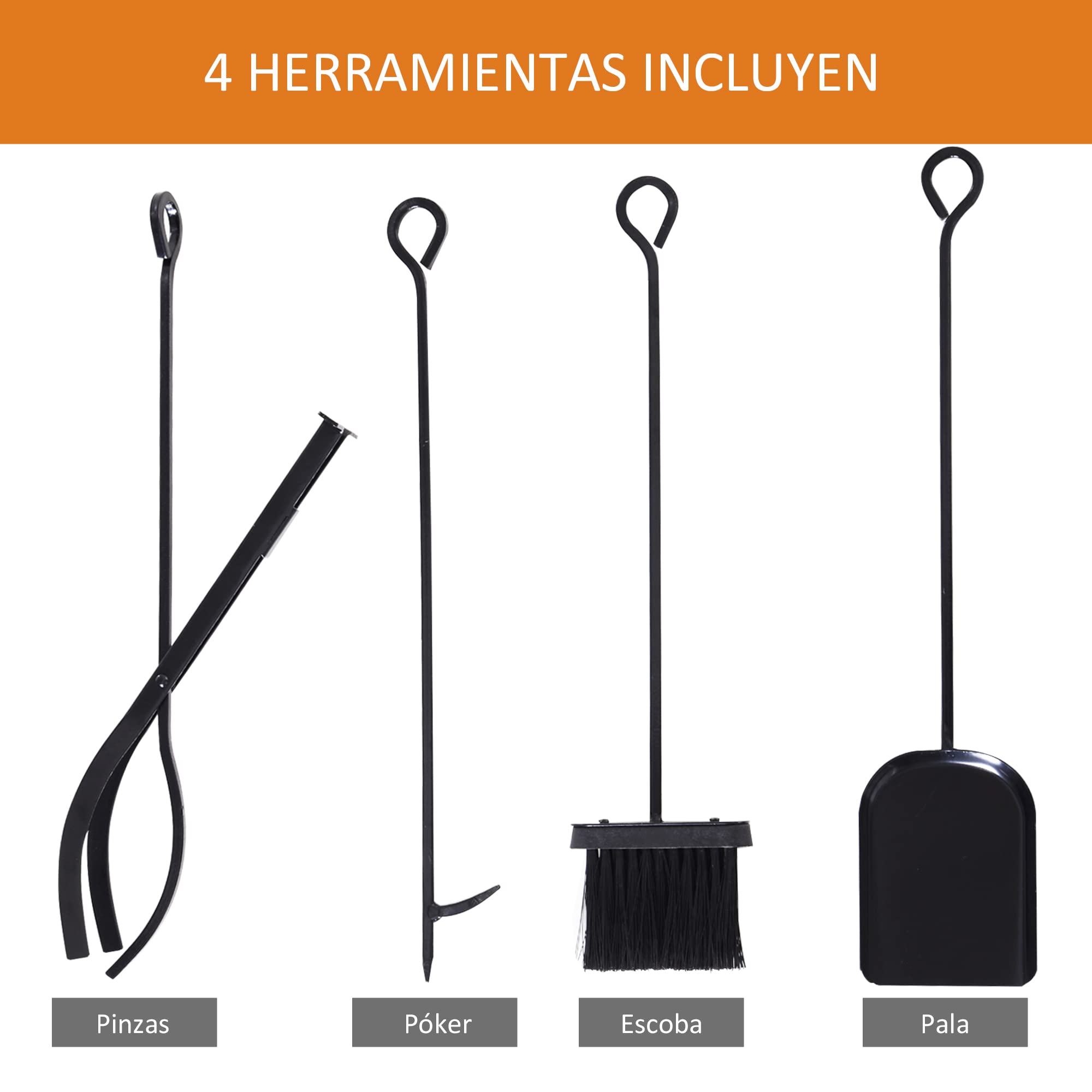HOMCOM Estante de Leña para Chimenea Soporte para Leña con 4 Herramientas Incluidas Marco de Acero Estable Carga 100 kg para Exterior e Interior 46x30x76 cm Negro