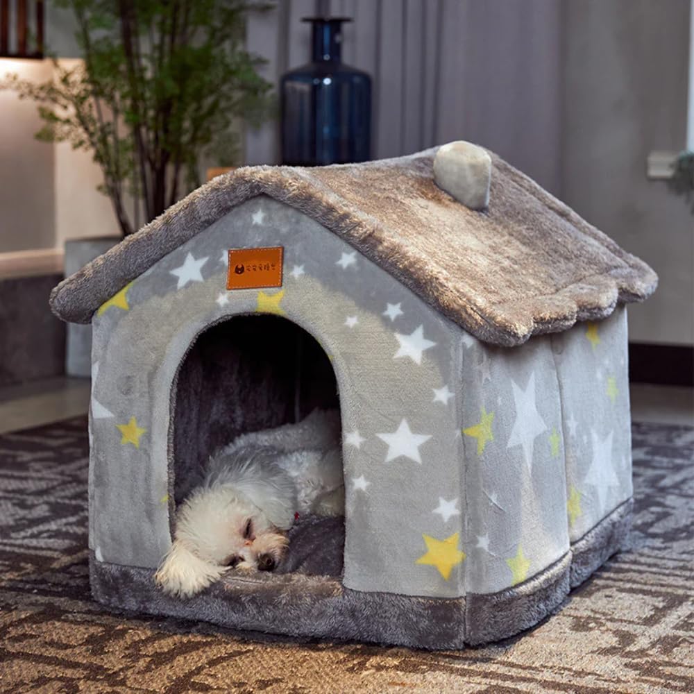 review Foldable Dog House Pet Cat Bed Winter Dog Villa Sleep Kennel Removable Nest Warm Enclosed Cave Sofa Pets Supplies Double top Grey Torso Medium