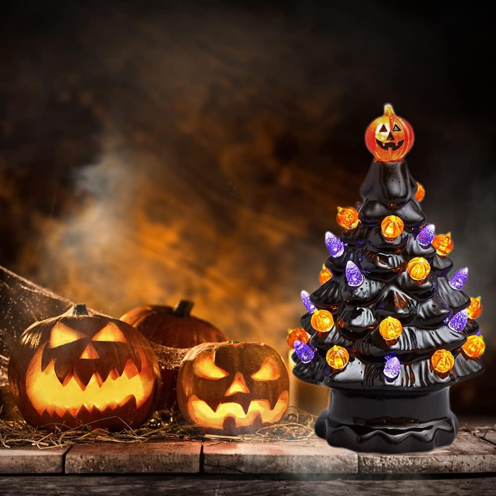 Halloween Ceramic Tree Decorations, Lighted Black Ceramic Tree with Glowing Pumpkin Lights, Battery Powered Tabletop Lamp for Indoor Home Office Halloween Fall Decor