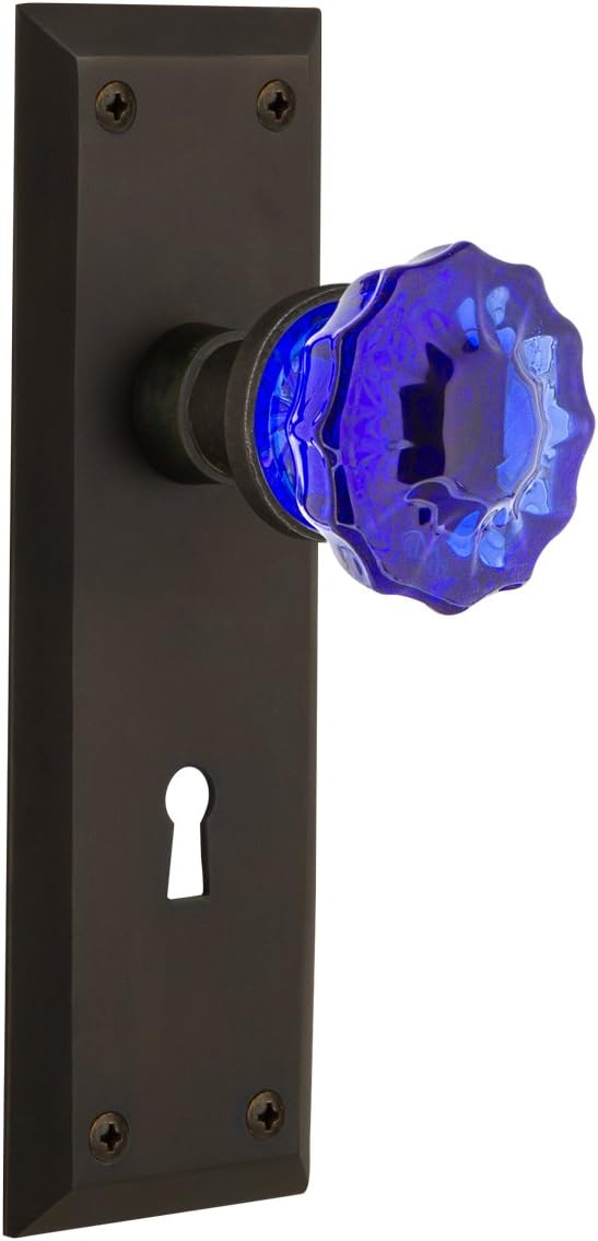 Nostalgic Warehouse 722952 New York Plate with Keyhole Single Dummy Crystal Cobalt Glass Door Knob in Timeless Bronze