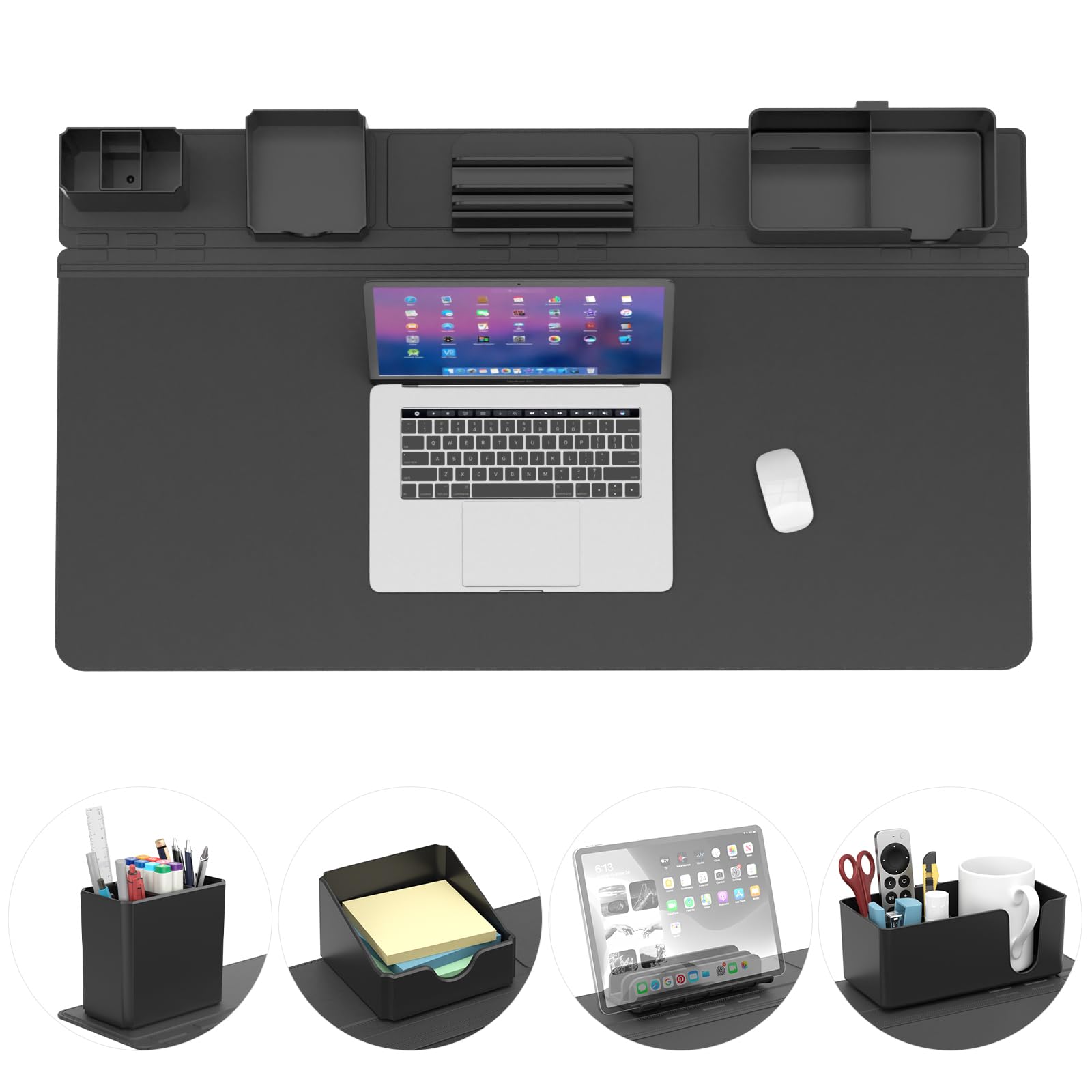 KDD Desk Pad Protector & Magnetic Organizer Set - 5 in 1 Large Mouse Mat with Phone Stand, Cup Holder, Pen Holder, Storage Box, Card Case, Multifunction DIY Desktop Storage Accessories for Office Home 5 in 1 Desk Mat Storage