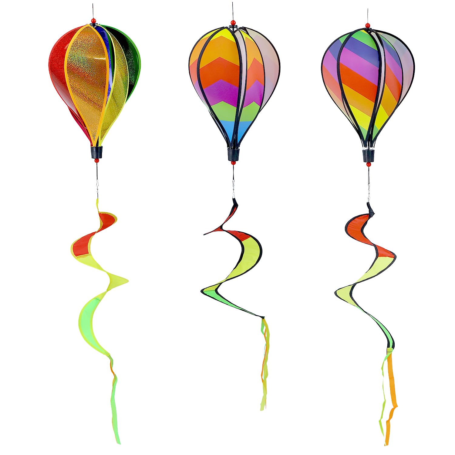 Qwork Multicolor Qwork® 3-Pack Hot Air Balloon Wind Spinner 110 Cm (3.6Ft) - Rainbow Garden Pinwheels Striped Windsock For Indoor & Outdoor Decoration