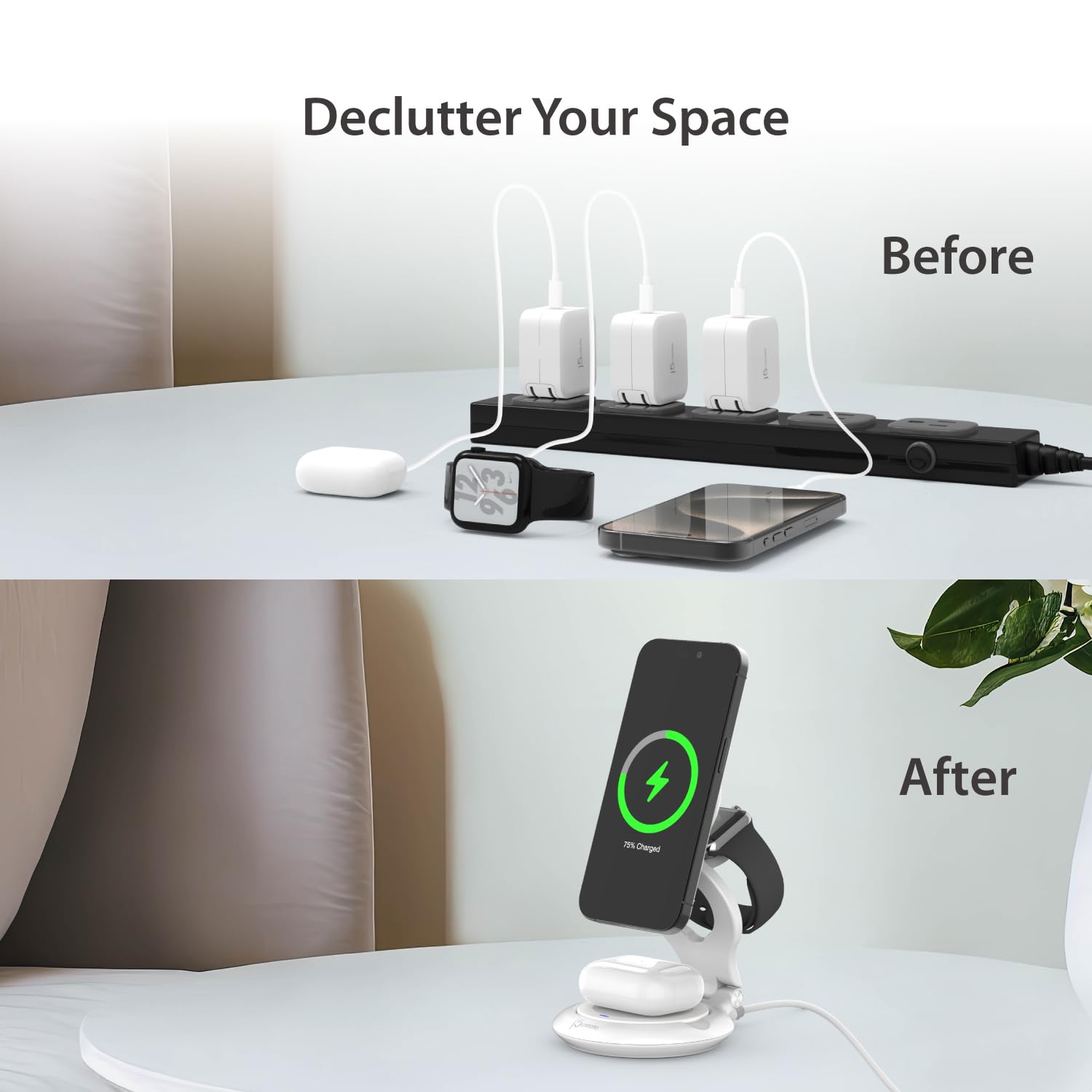 j5create Bezprzewodowa stacja ładująca 3 w 1 z certyfikatem Qi2 15 W, idealna do iPhone'a 16 15, Apple Watch, AirPods – składana i regulowana, kompleksowa ochrona ładowania dla osób przyjaznych dla