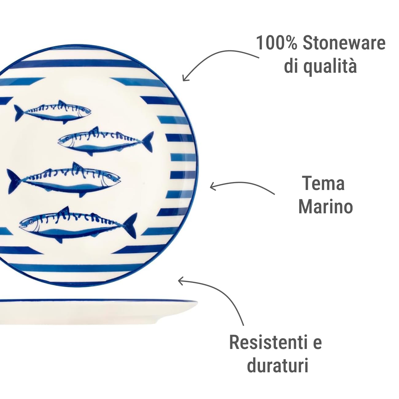 H&H-Set 12 Piatti Piani, linea Puerto, 26 cm, in stoneware, decorazioni a tema marino sui toni del blu, lavabili in lavastoviglie