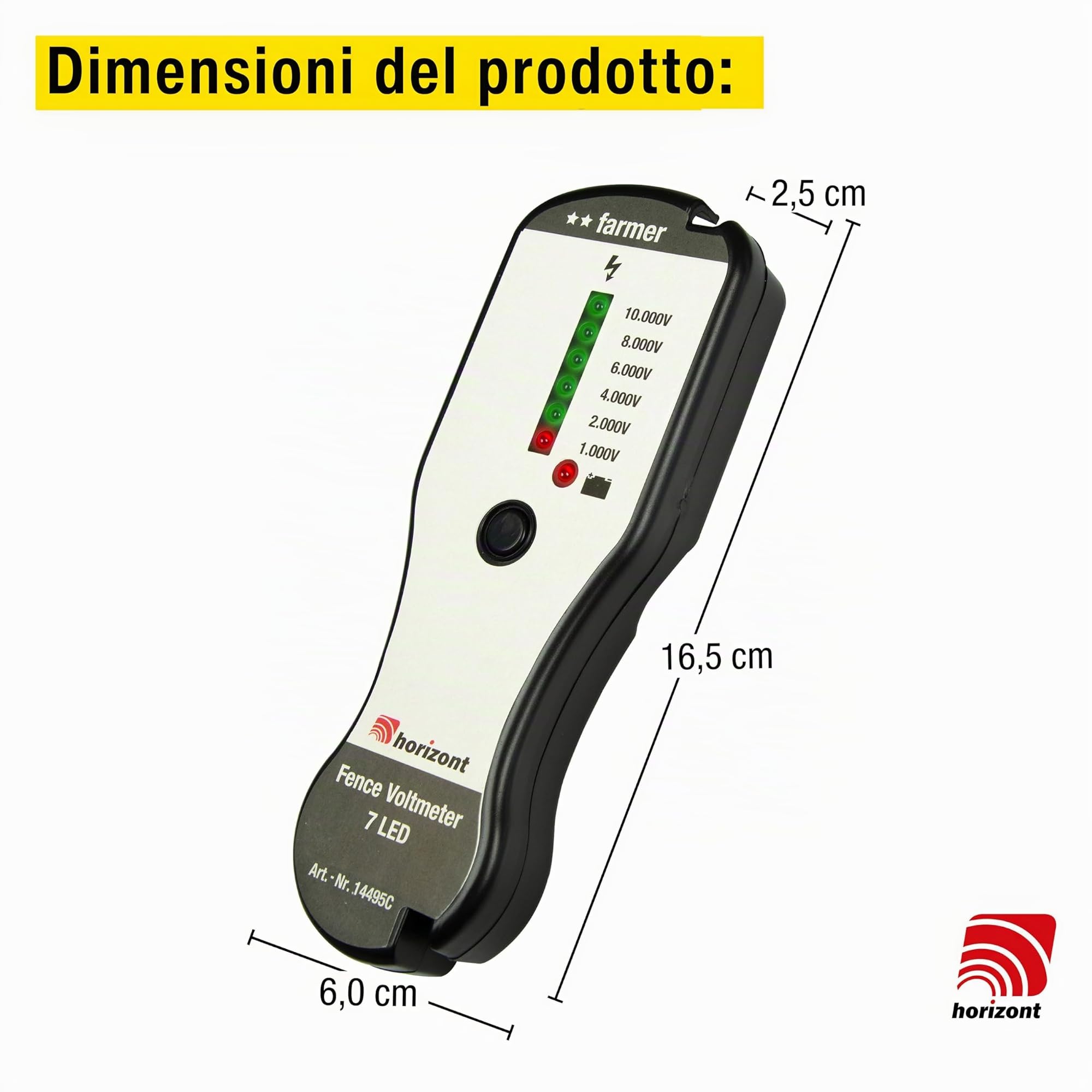 Tester recinzioni Horizont Farmer senza spik a terra, 1000-10.000 V, batteria, display LED a 6 stadi, spia indicatore batteria, recinzione per recinzione per tester recinzioni